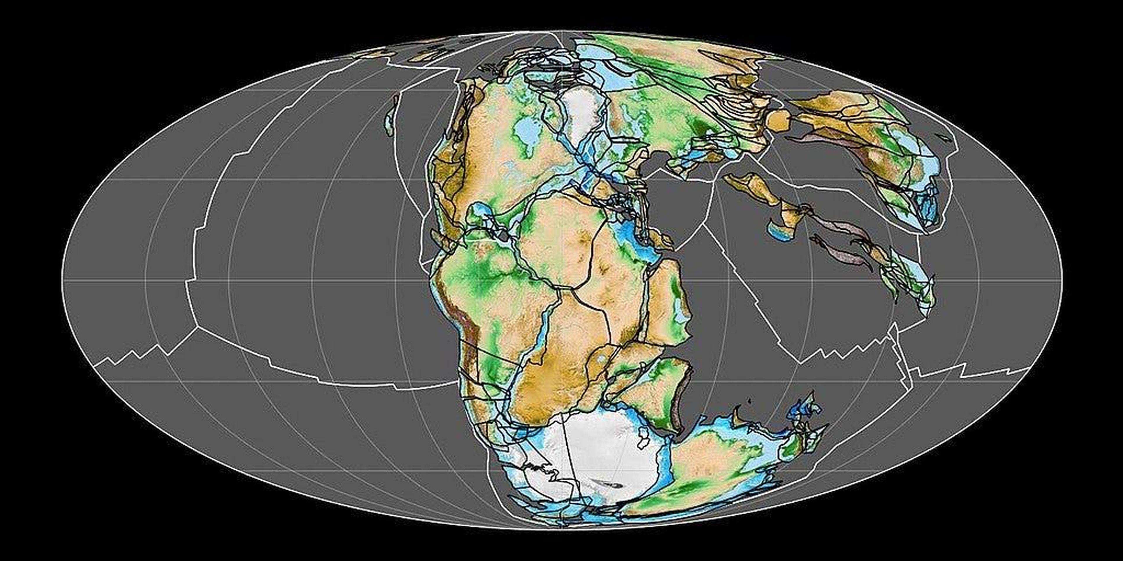 Un mapa de Pangea hace 200 millones de años, con los límites de las placas tectónicas en blanco.