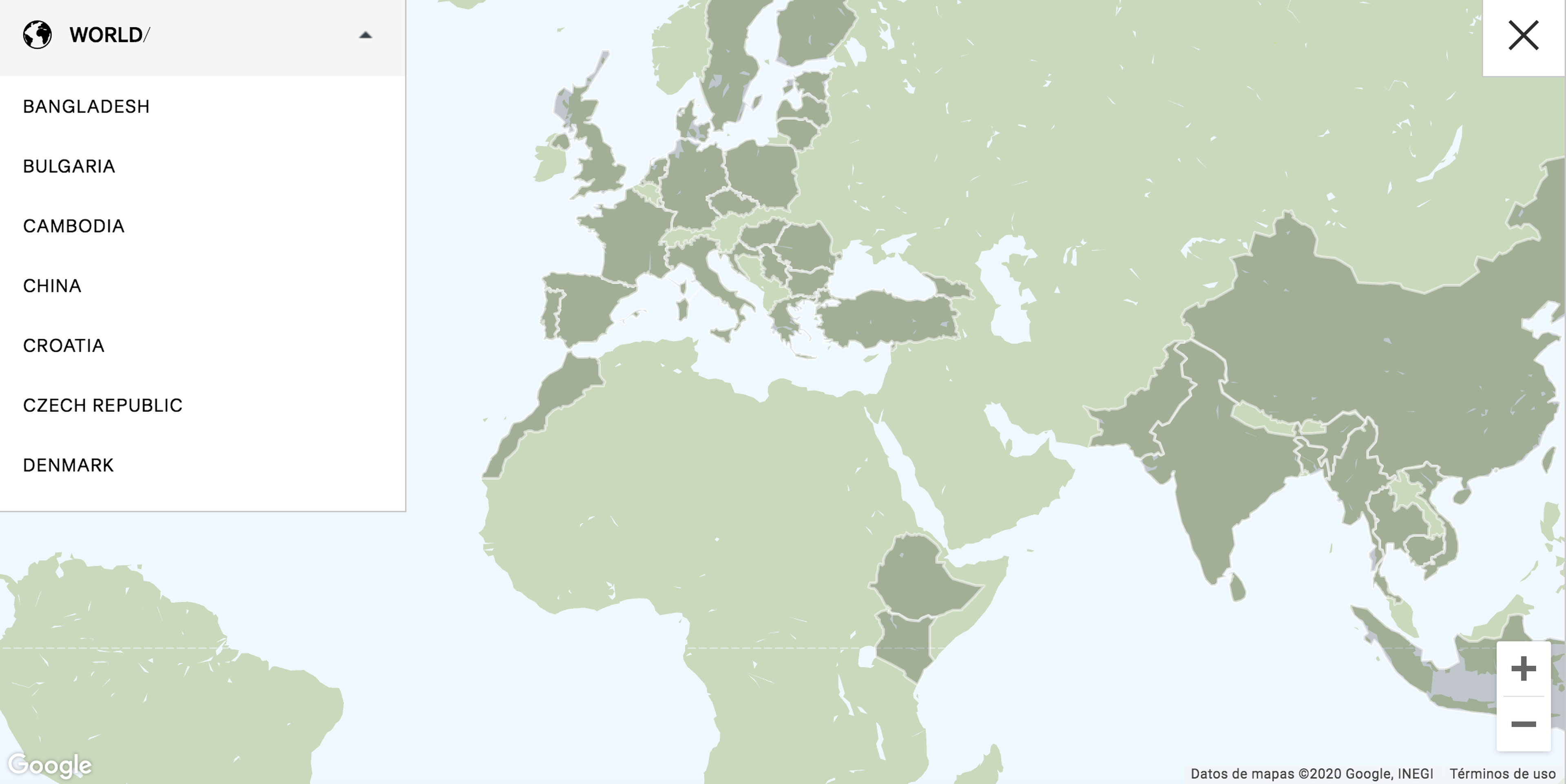 Este mapa muestra en un tono verde más oscuro los países en los que fabrica H&M