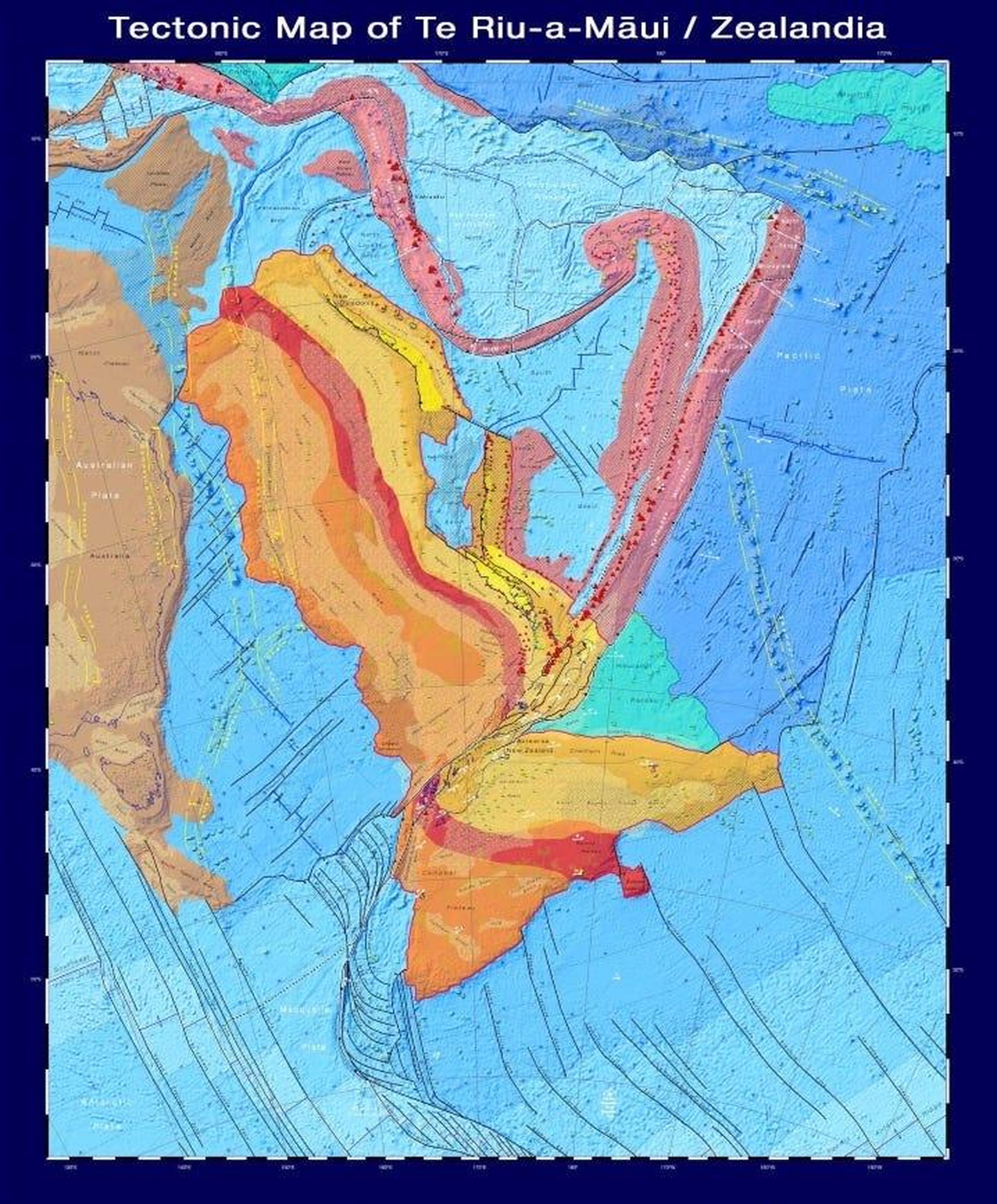 Un mapa tectónico de Zealandia, que muestra los tipos y la edad de la corteza, las fallas principales y los volcanes que conforman el continente.