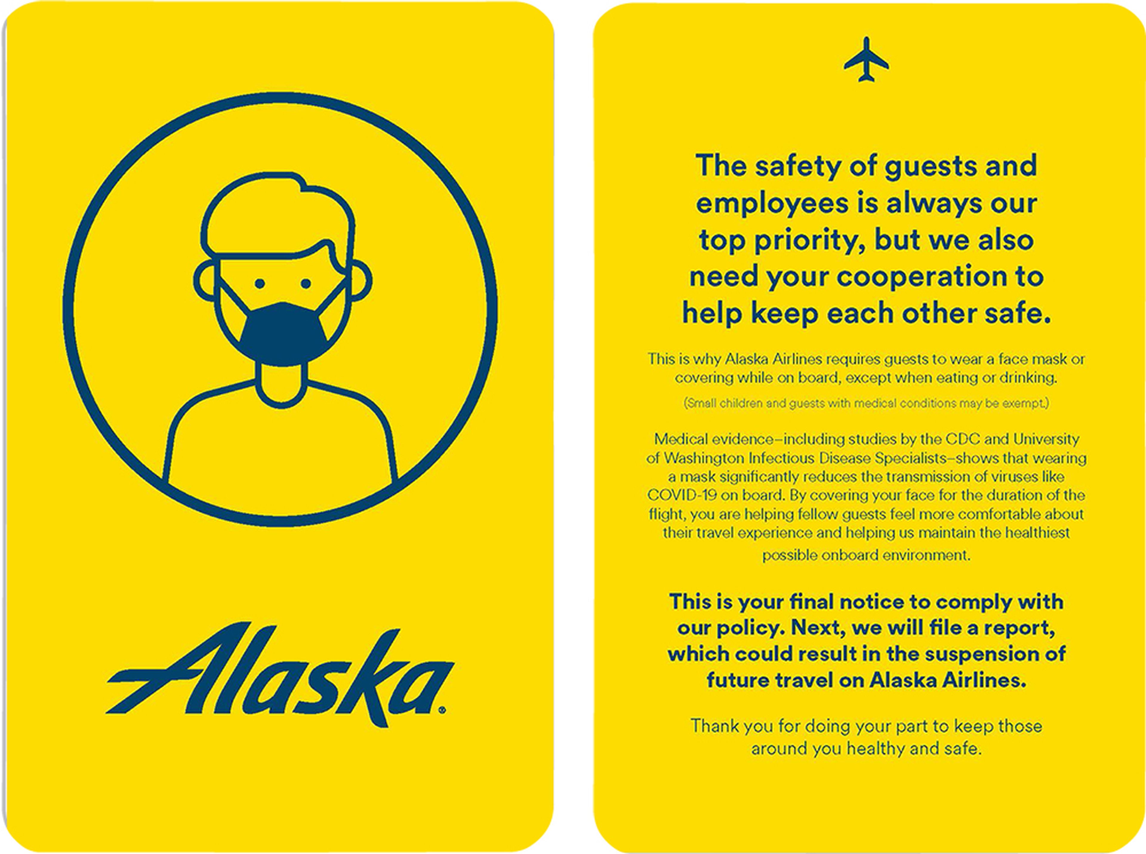 La compañía Alaska Airlines saca tarjeta amarilla a los pasajeros que no lleven mascarilla
