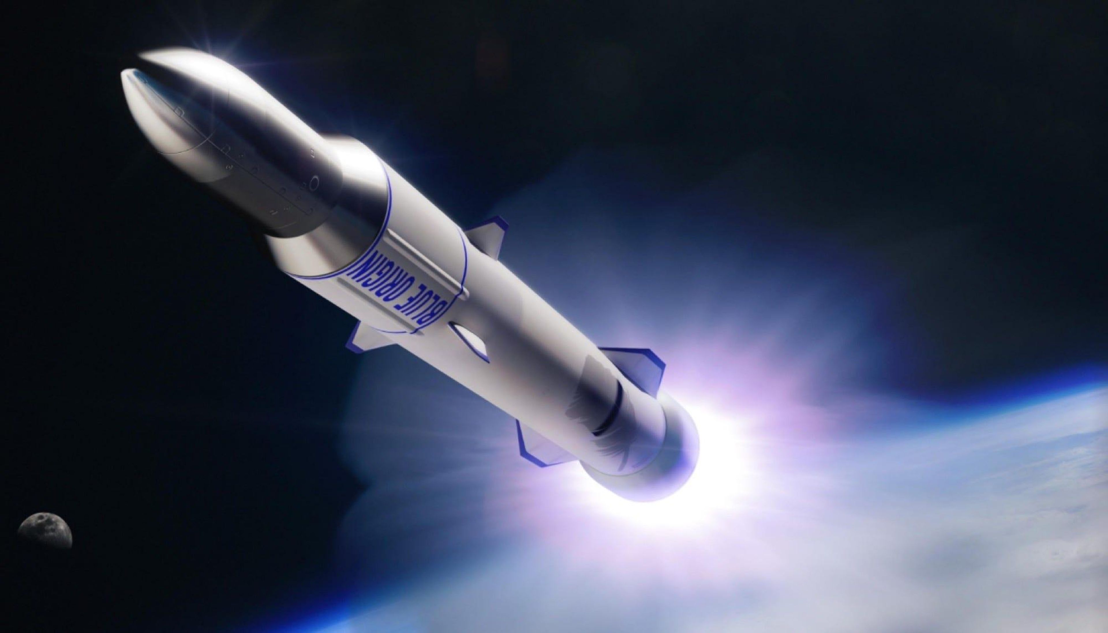 Una ilustración del cohete reutilizable New Glenn de Blue Origin que se lanza hacia el espacio.