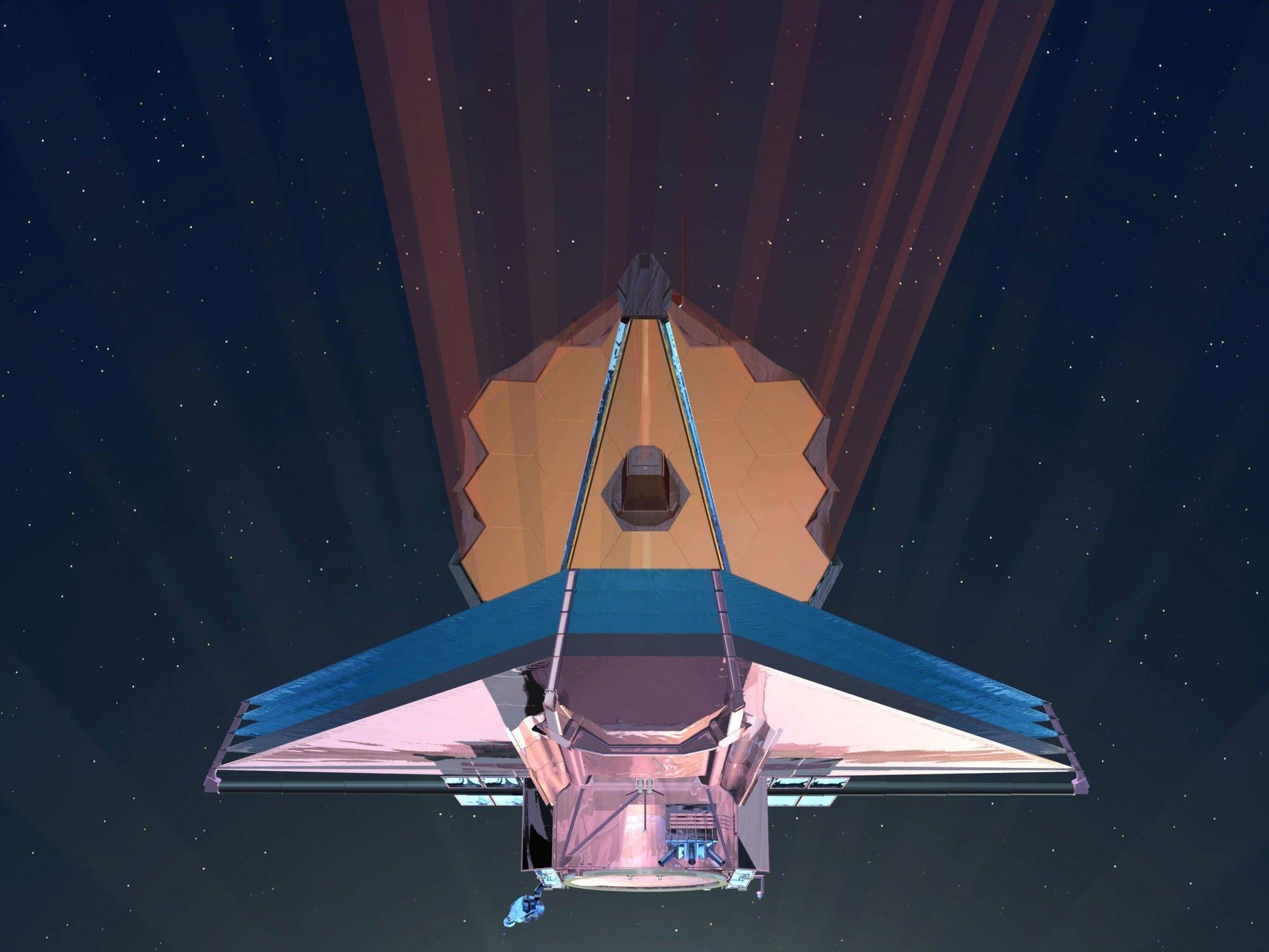 Una ilustración del Telescopio Espacial James Webb detectando luz infrarroja en el espacio.