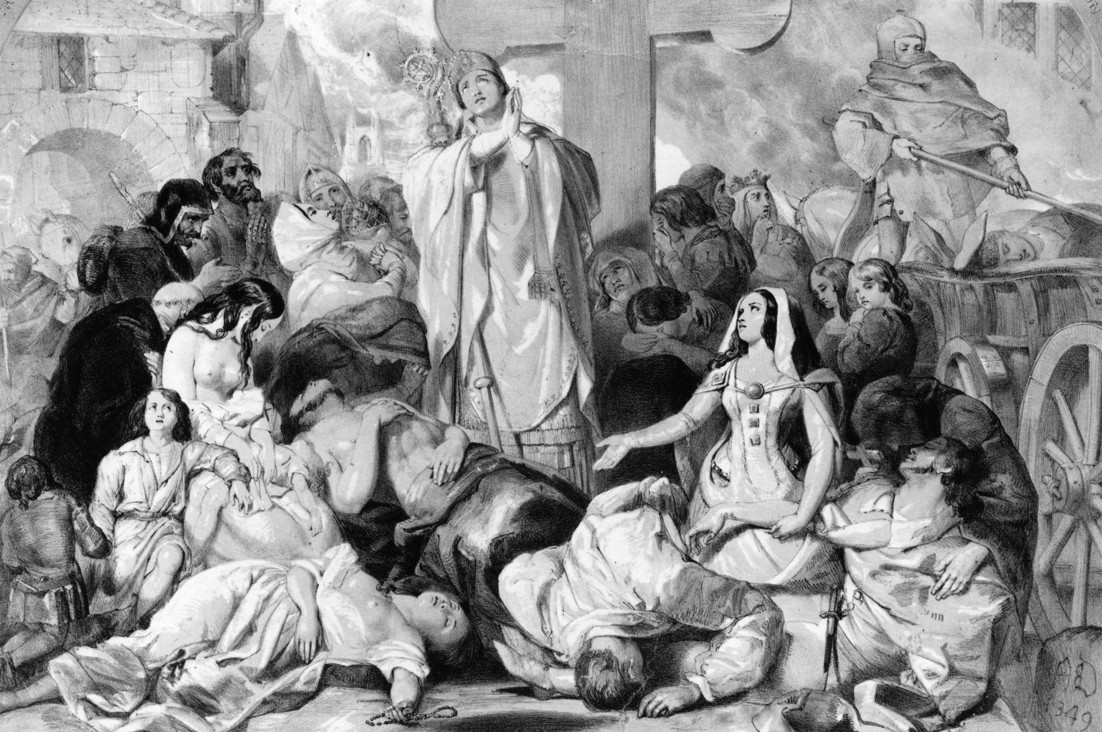 Personas rezando para aliviar la peste bubónica, hacia 1350.