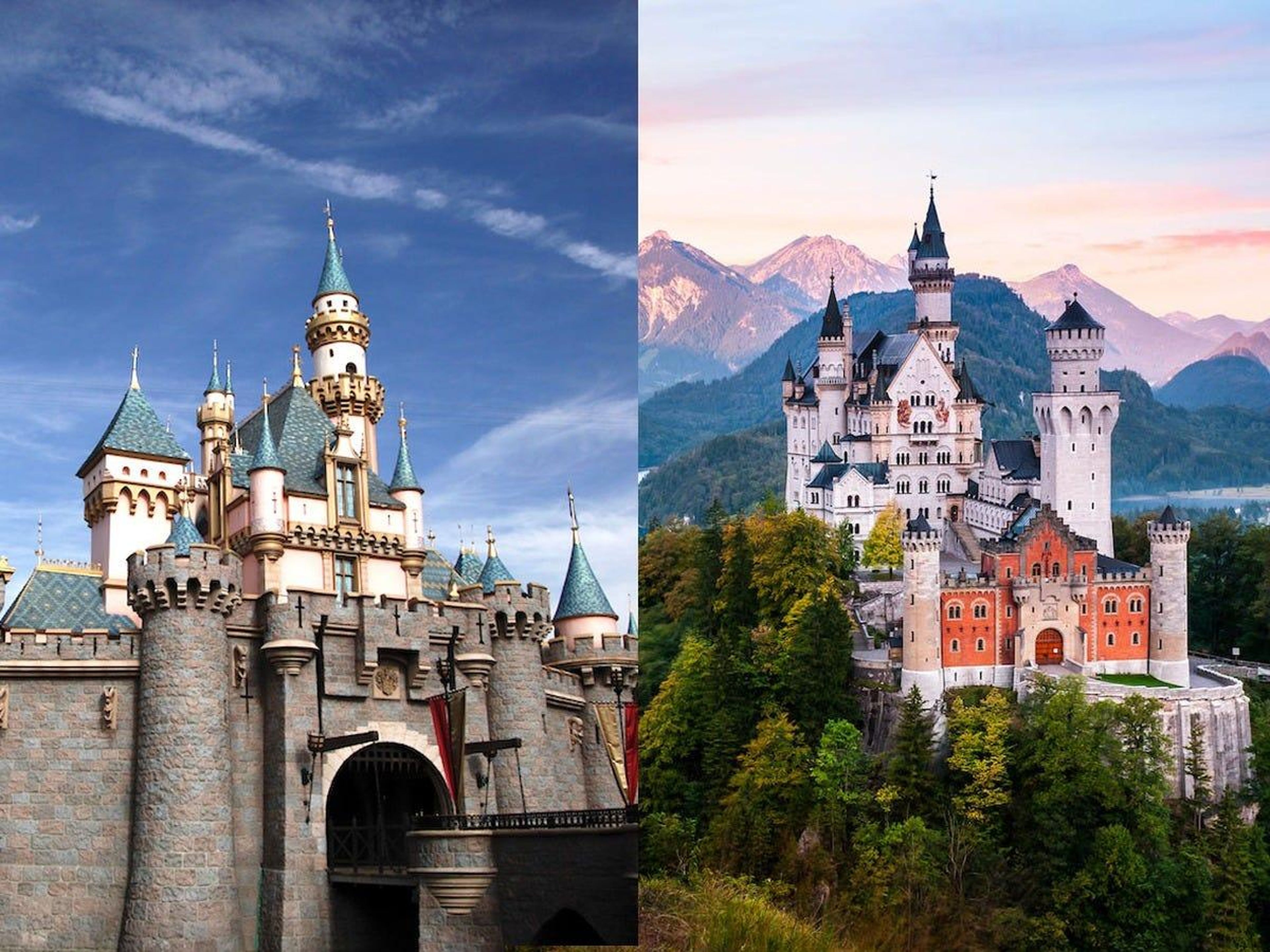 Castillo de la Bella Durmiente de Disneyland en Anaheim, California (izquierda) y Castillo de Neuschwanstein en Schwangau, Alemania (derecha).