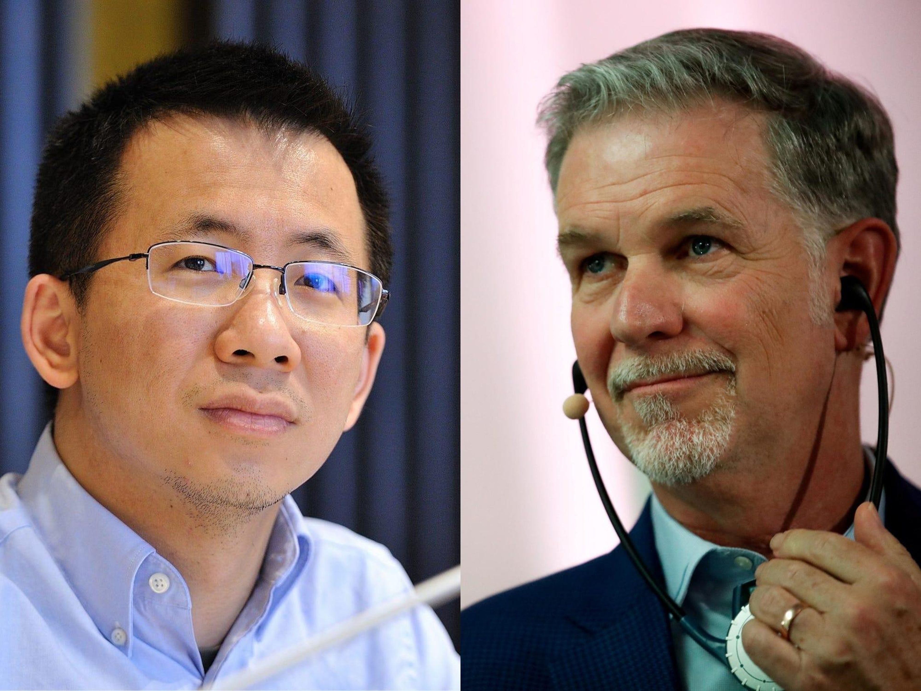 ByteDance cofounder & CEO Zhang Yiming, left; and Netflix CEO Reed Hastings. VCG/VCG via Getty Images; Reuters/Gonzalo Fuentes/File Photo