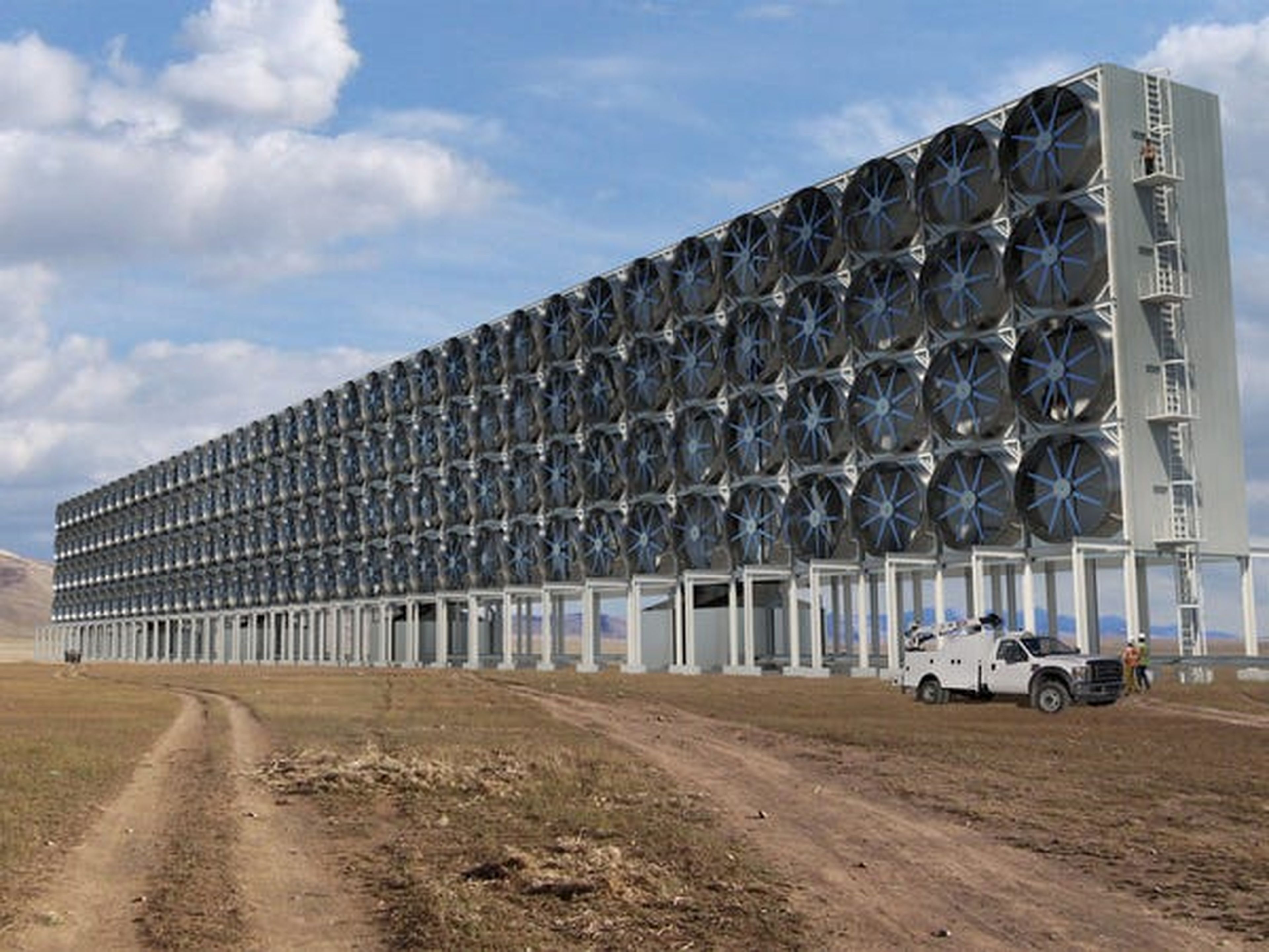 Una interpretación de la tecnología de Carbon Engineering. A esta escala, la compañía dice que podría capturar 1 millón de toneladas de CO2 por año.
