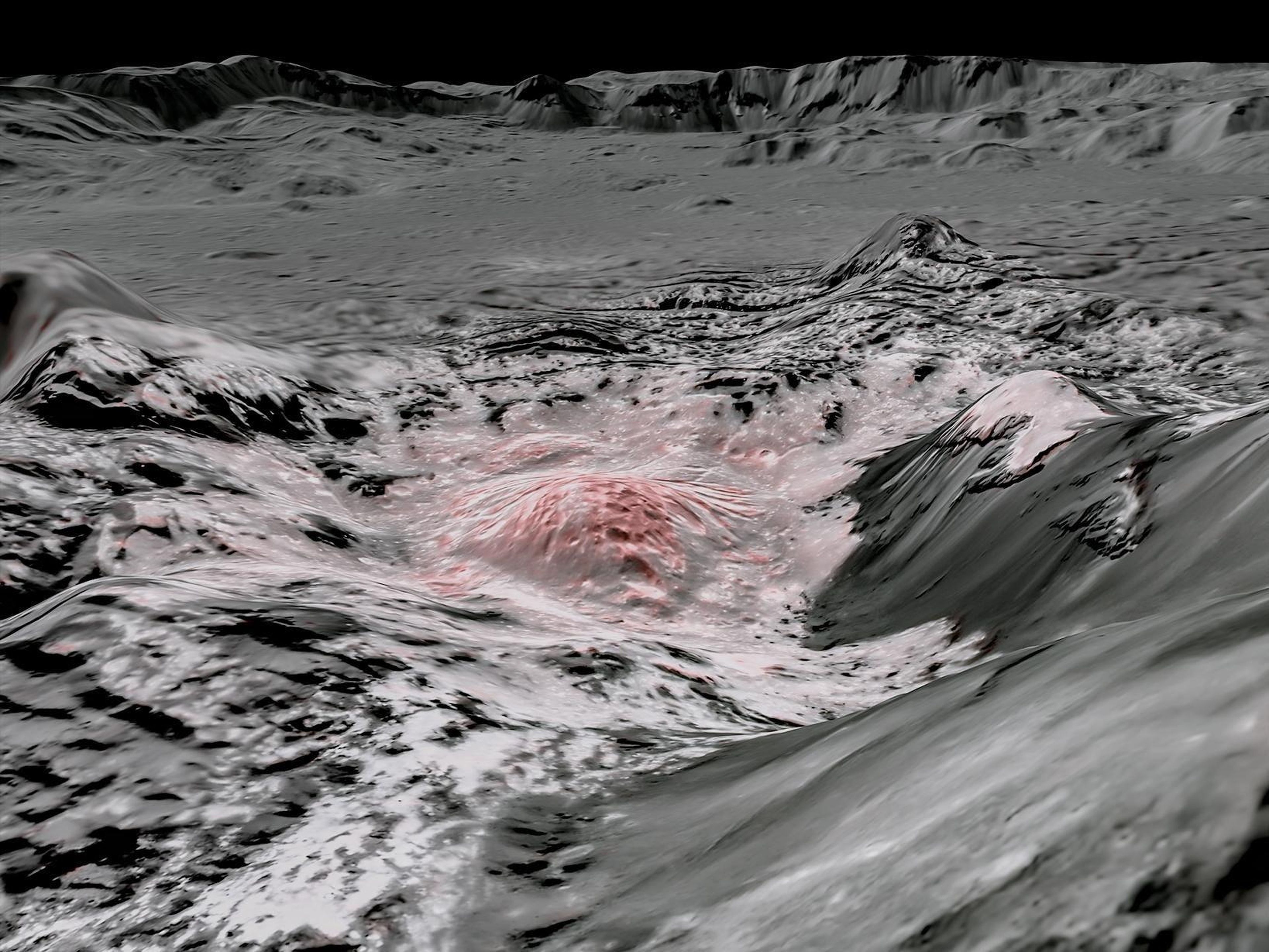 La nave espacial Dawn de la NASA capturó imágenes en longitudes de onda visibles e infrarrojas, que se combinaron para crear esta vista en falso color de la corteza salada en Ceres.