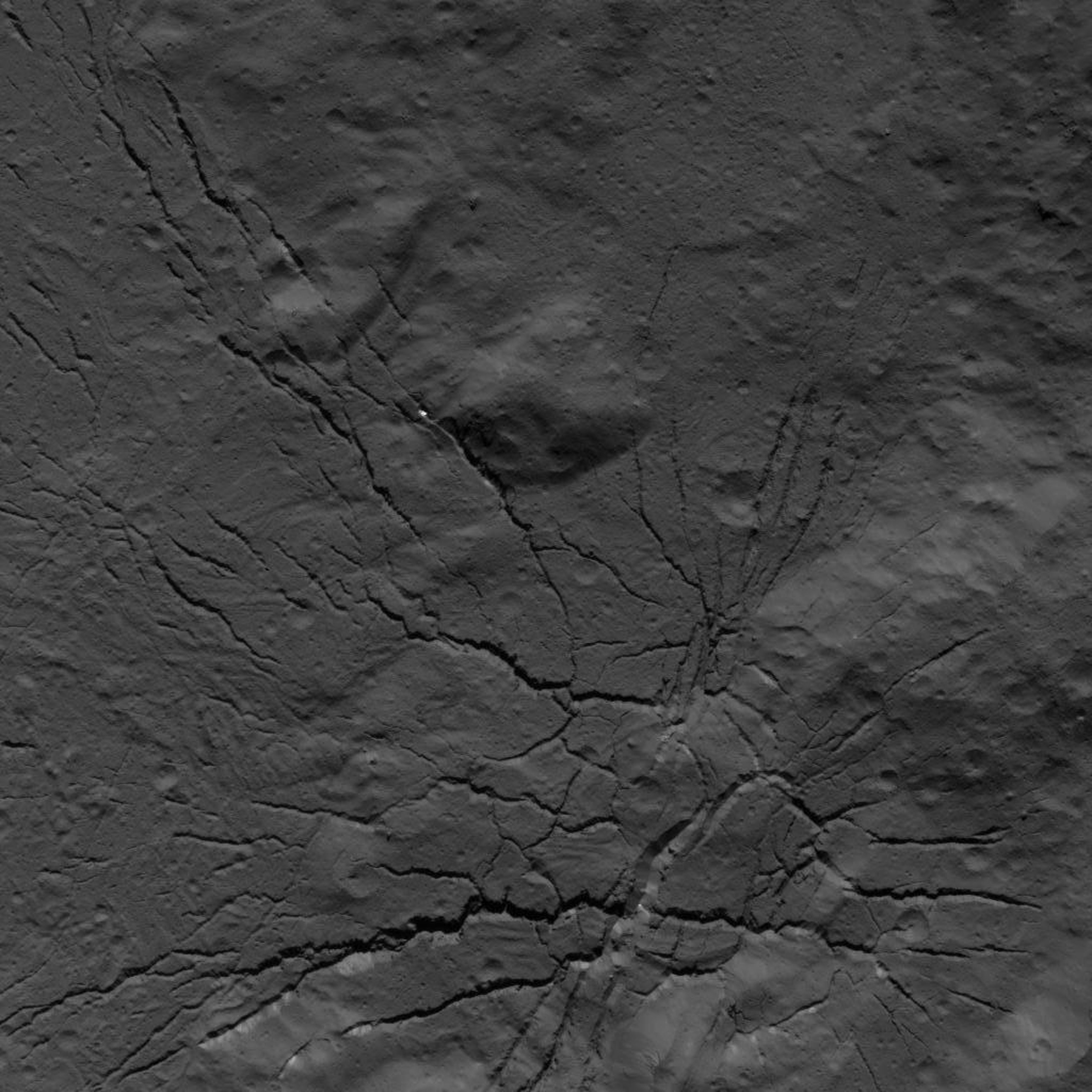 Una red de fracturas en el suelo del cráter Occator, fotografiada por la nave espacial Dawn de la NASA el 26 de julio de 2018 desde una altitud de unos 152 kilómetros.