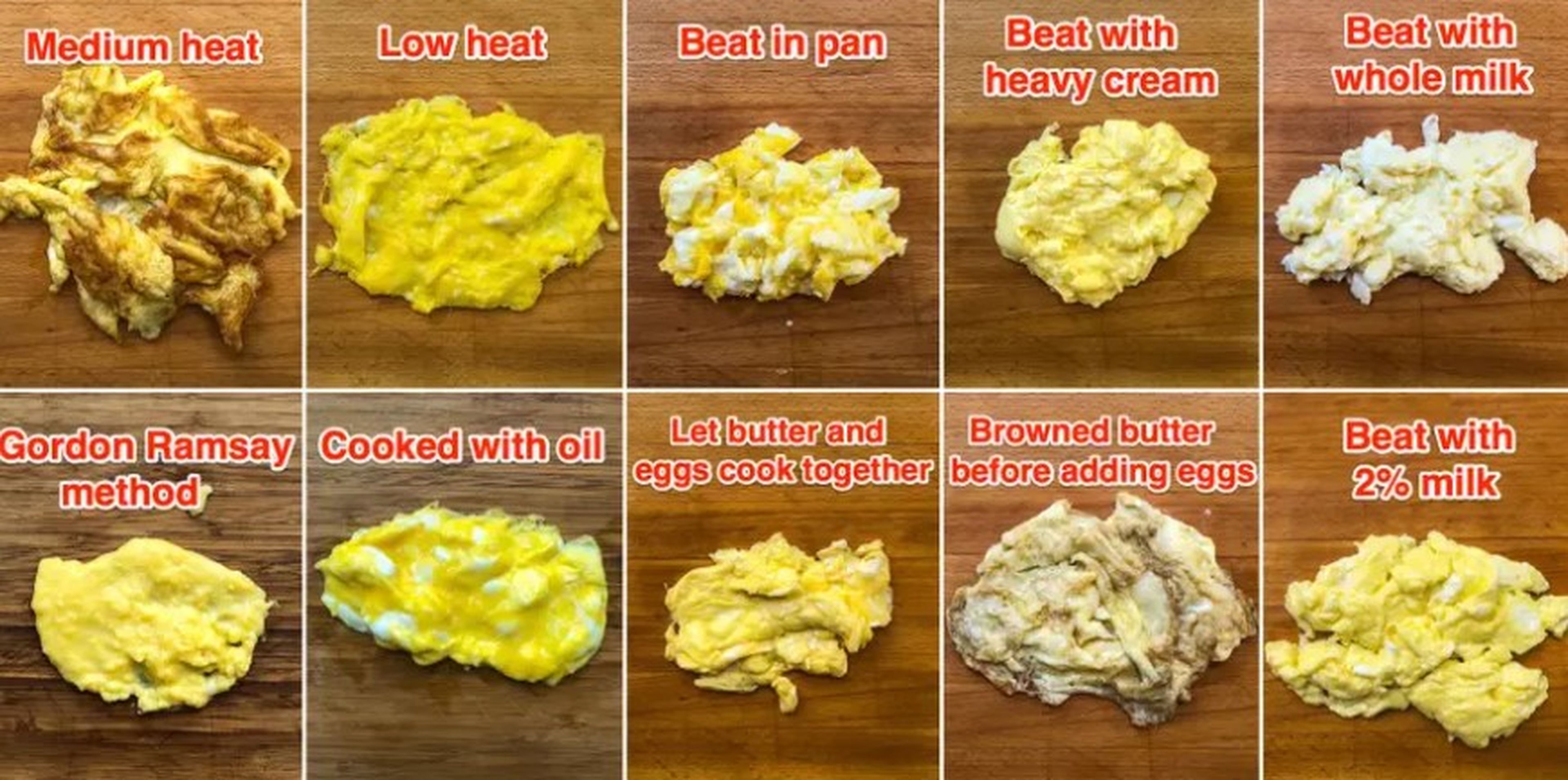 Huevos revueltos hechos de varias formas diferentes