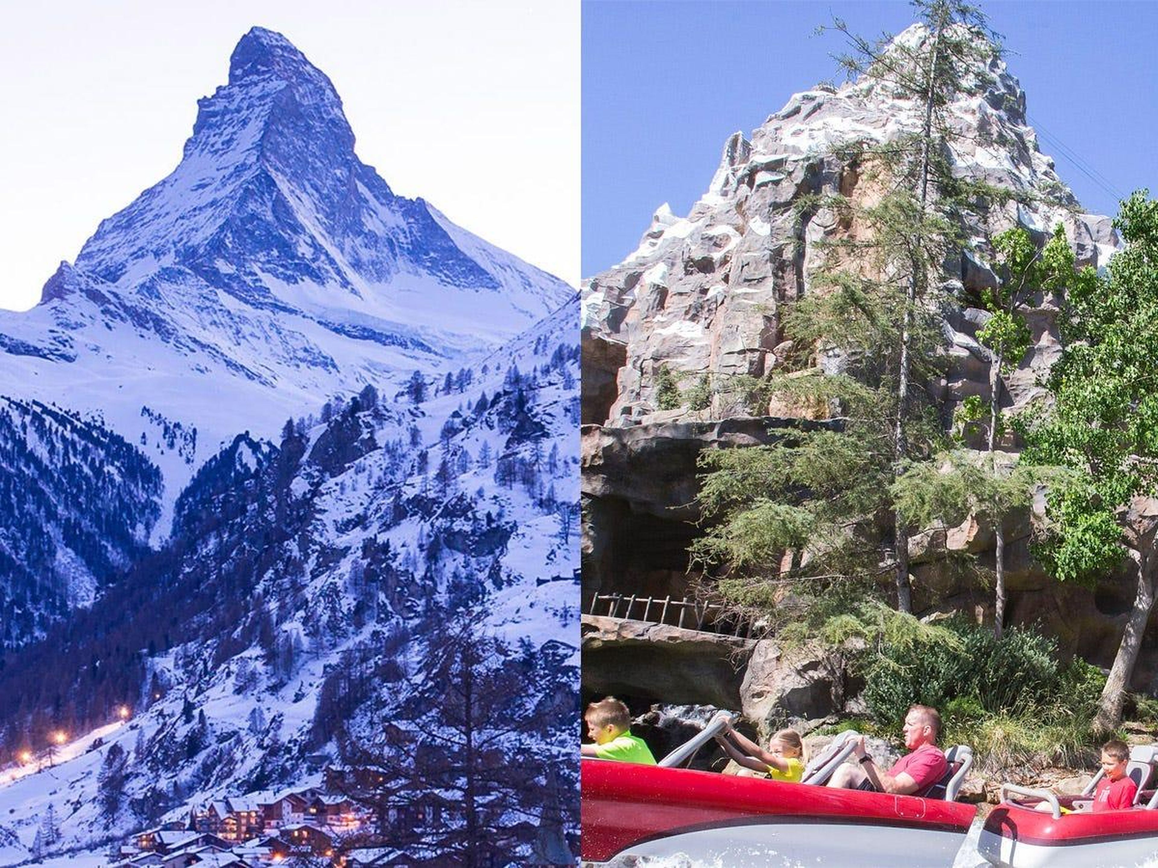 El monte Cervino en Zermatt, Suiza (izquierda) y la atracción 'Matterhorn' en Disneyland, California (derecha).