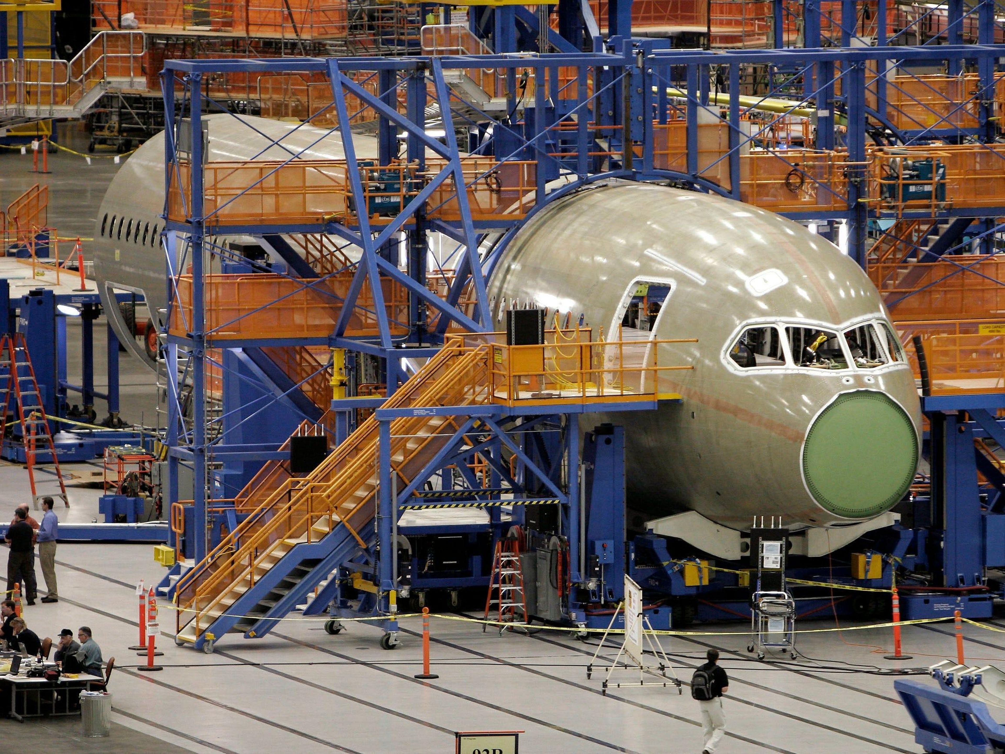 A Boeing 787 Dreamliner being constructed at Boeing's Everett, Washington plant. Robert Sorbo/Reuters