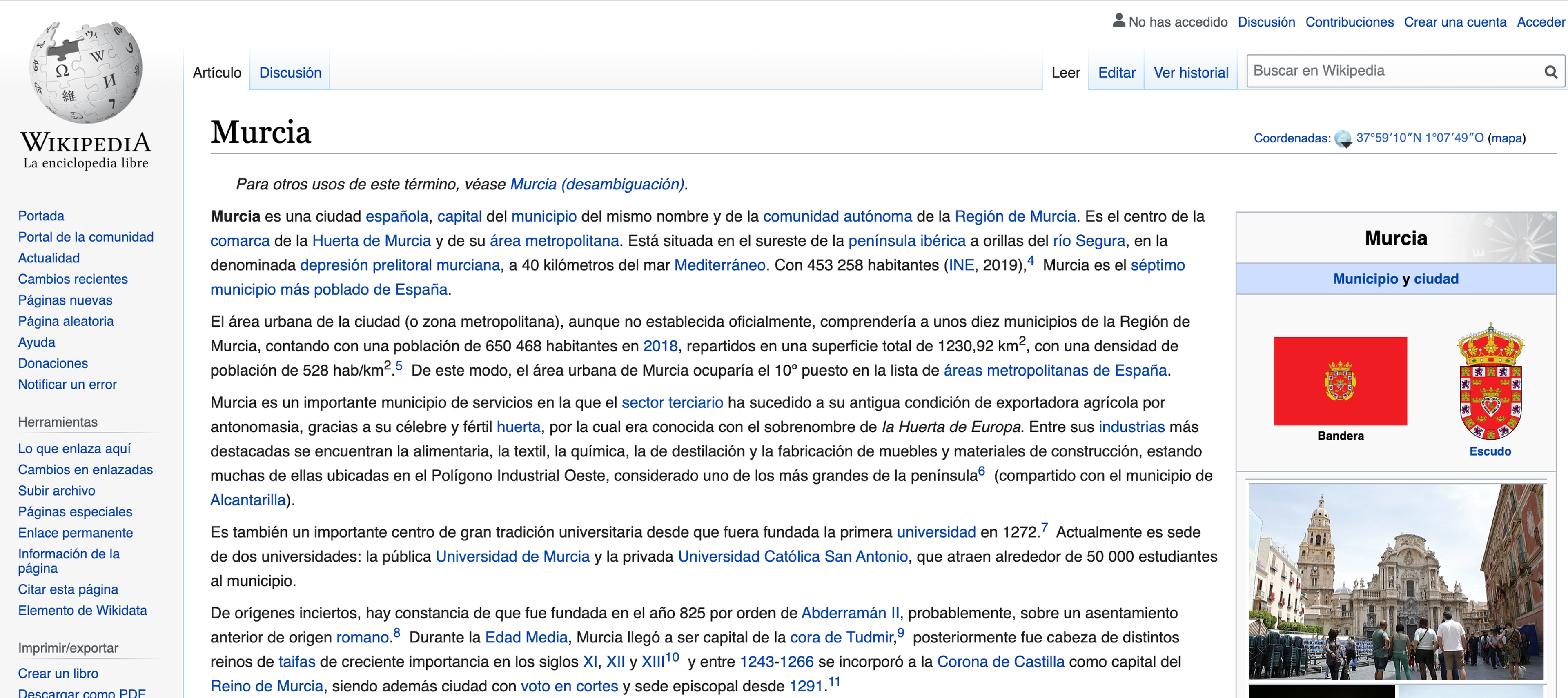 La entrada de Murcia en Wikipedia fue una de las editadas para el estudio.