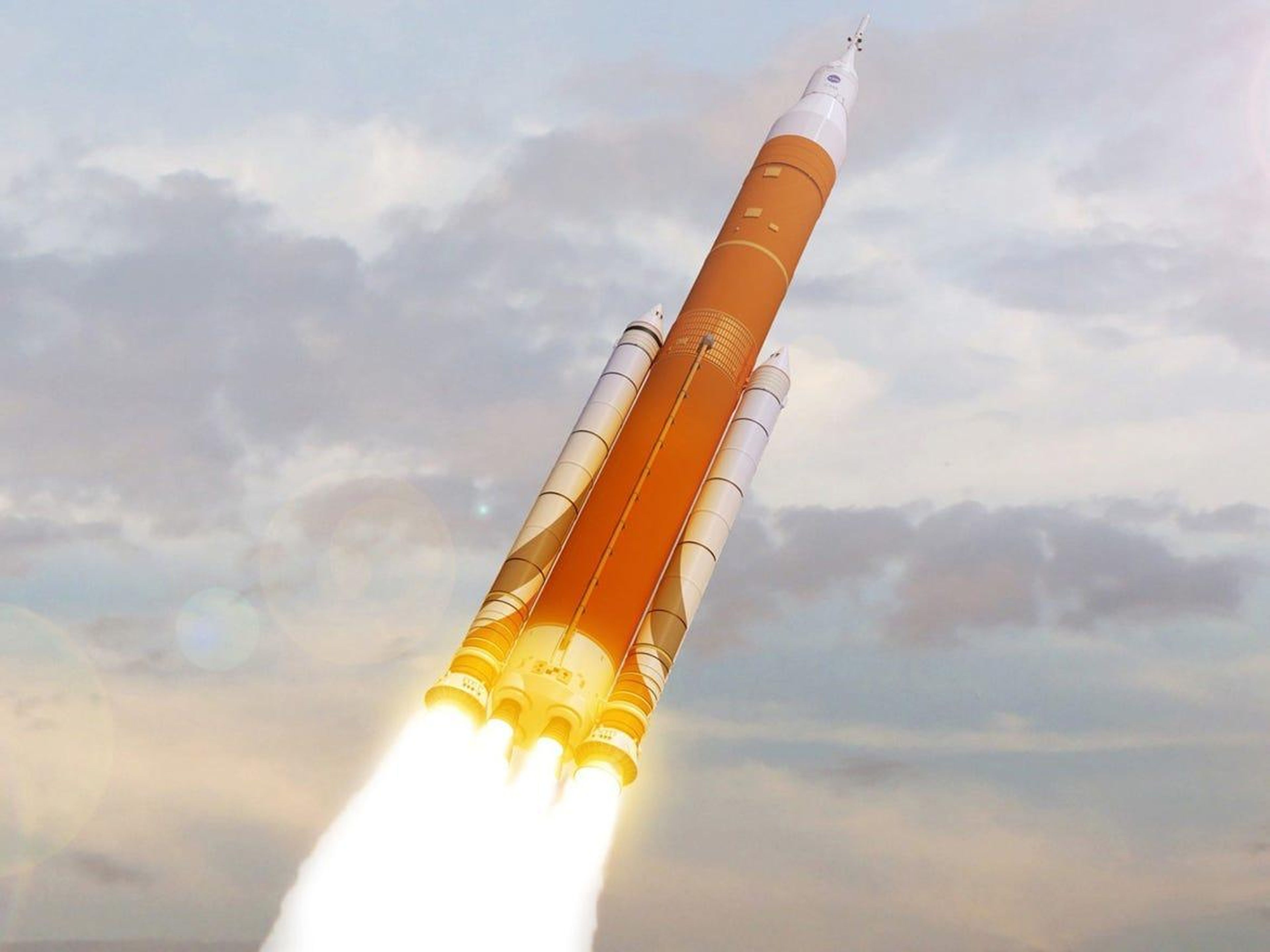 Una ilustración del Sistema de lanzamiento espacial de la NASA lanzándose hacia el espacio.
