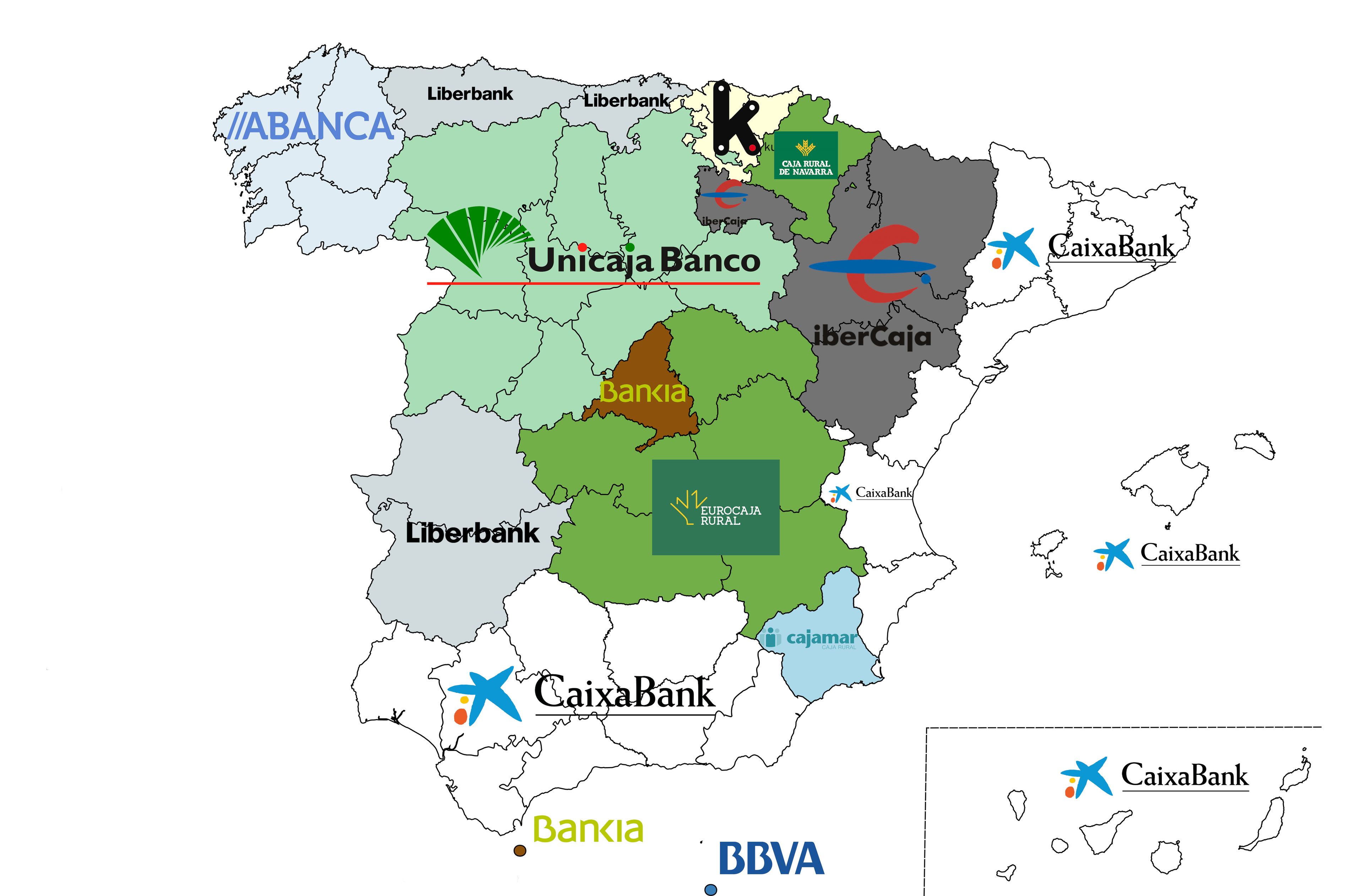 Mapa de los bancos con más sucursales por comunidad autónoma.