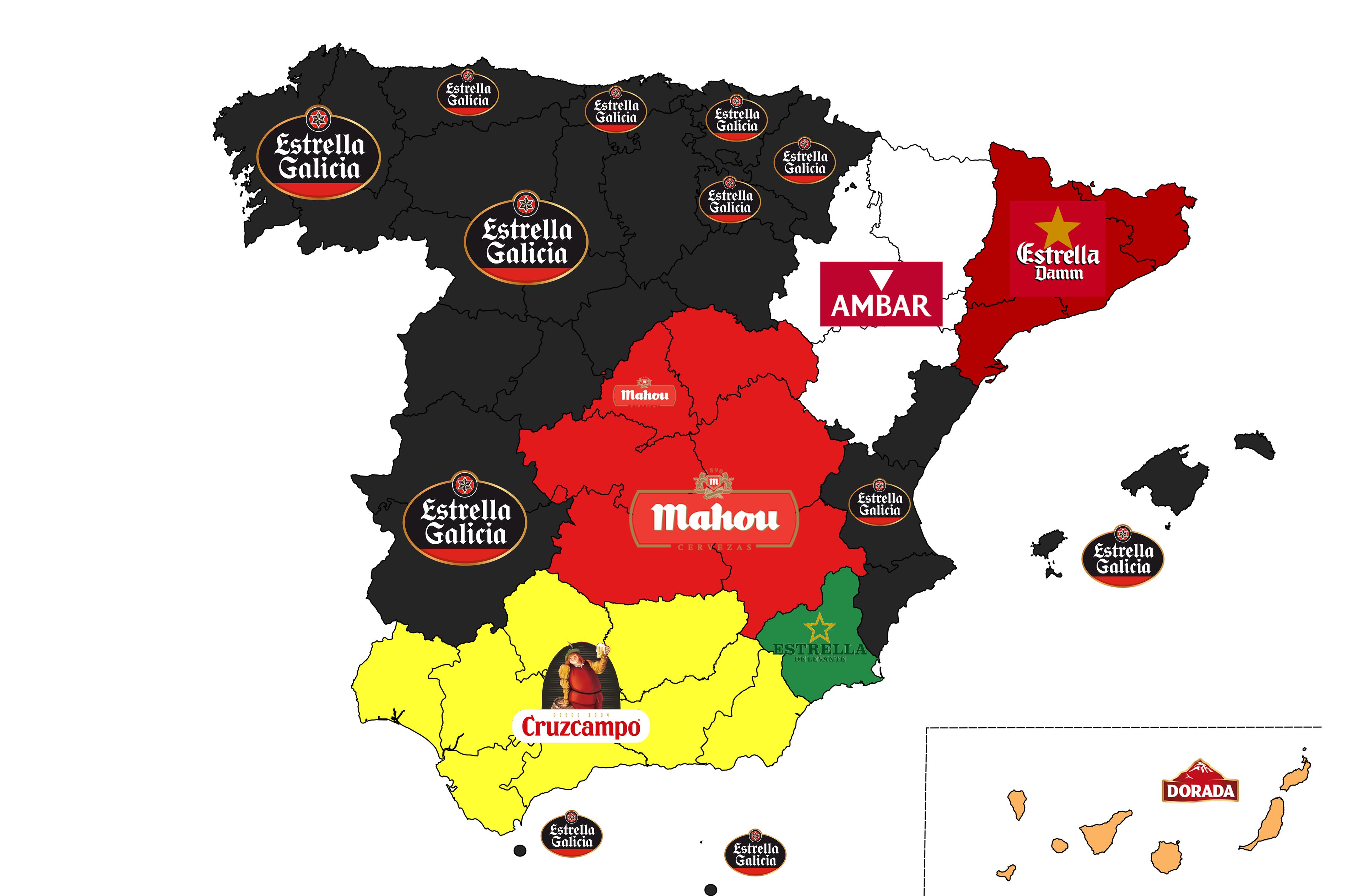 Mapa de las marcas de cerveza favoritas por comunidades autónomas en España.