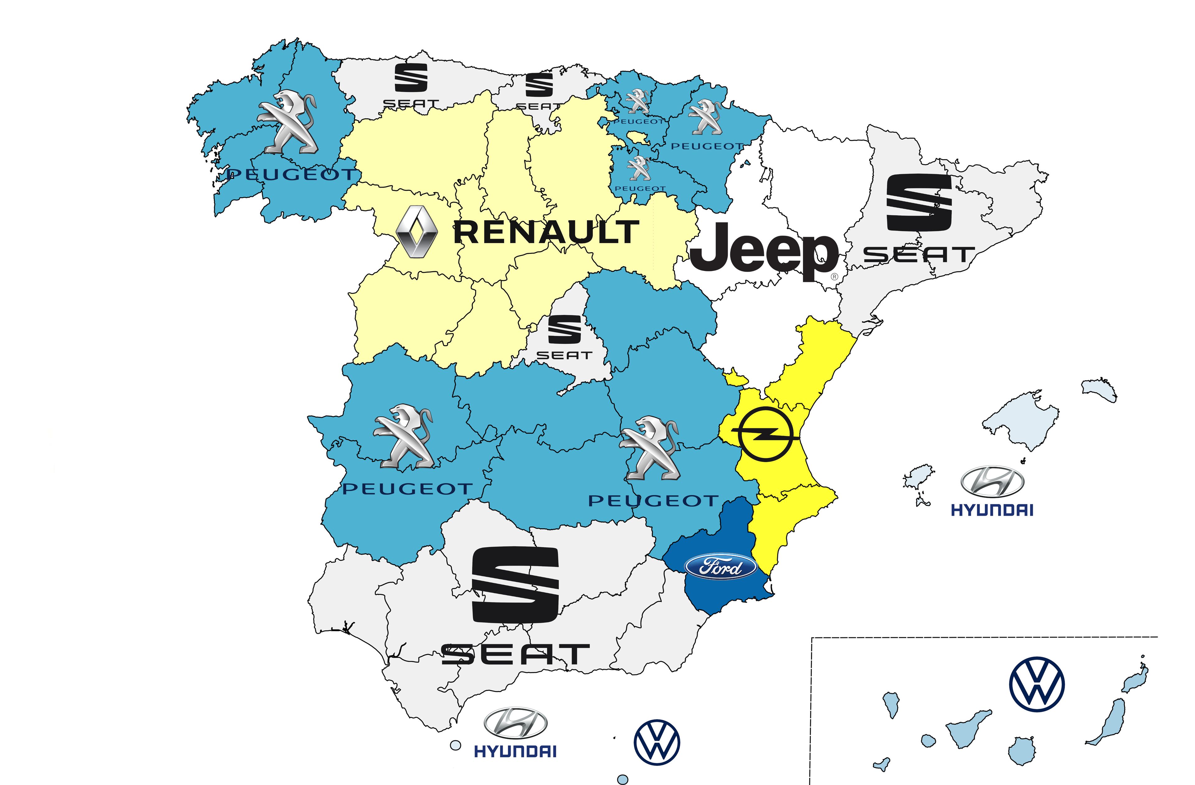 Mapa de las marcas de coches más vendidas por comunidades autónomas en España.