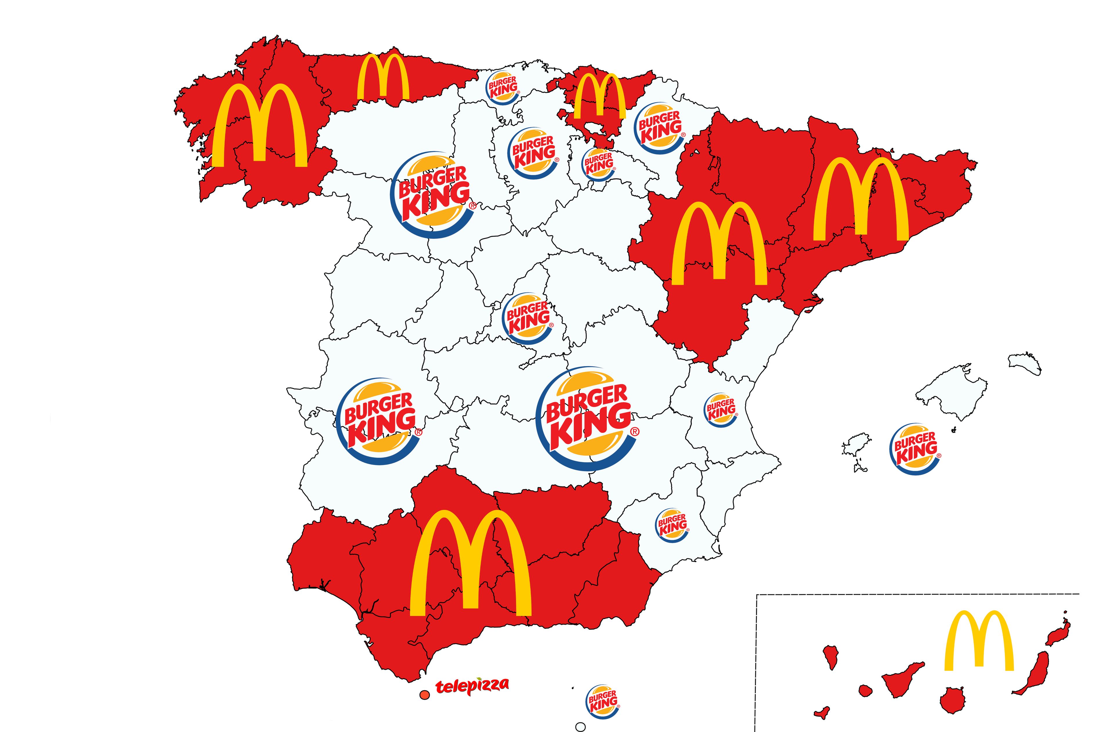 Mapa de las marcas de comida rápida favoritas por comunidades autónomas, en España.