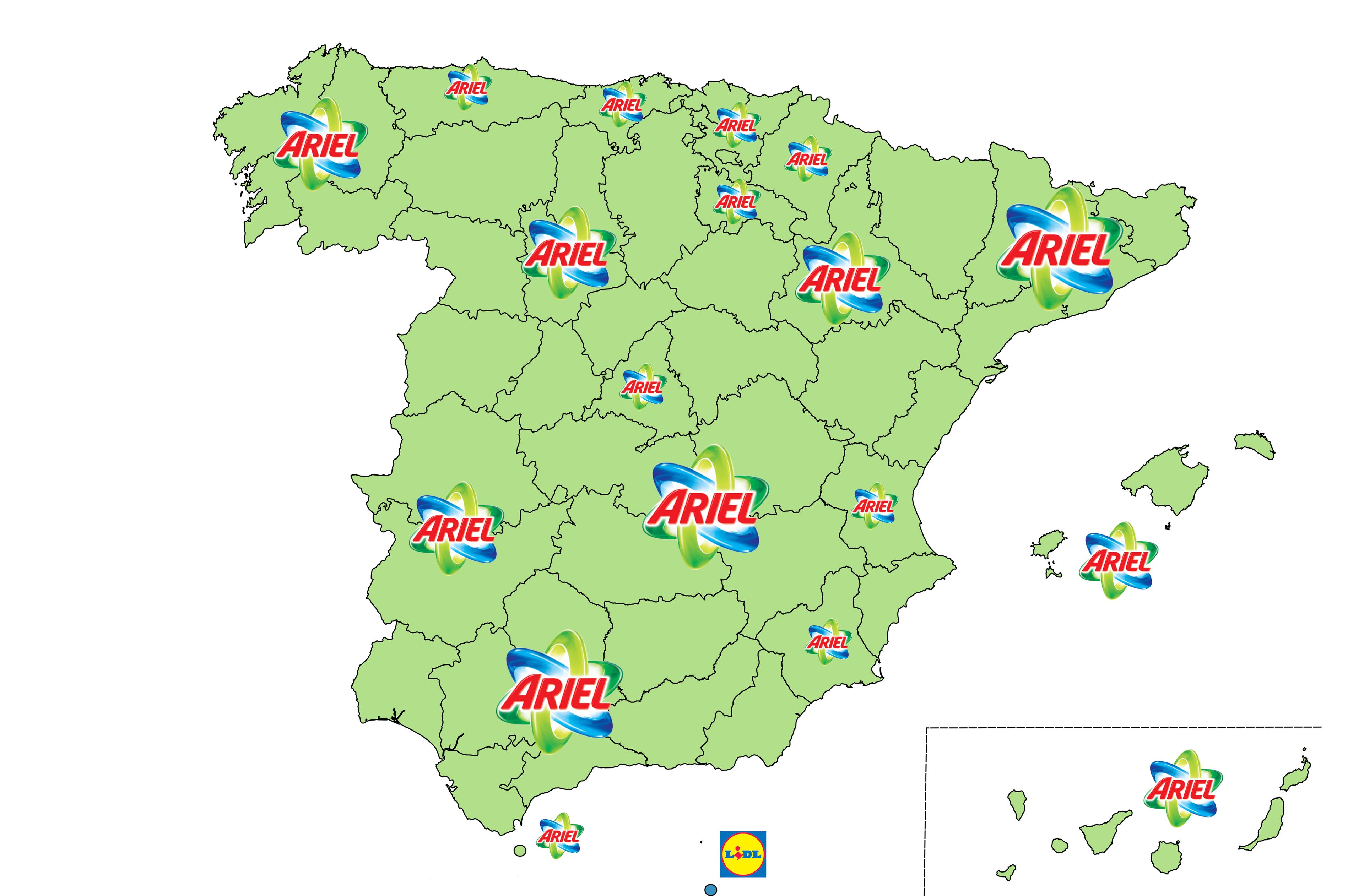 Mapa de las marcas favoritas de detergentes, por comunidades autónomas en España.