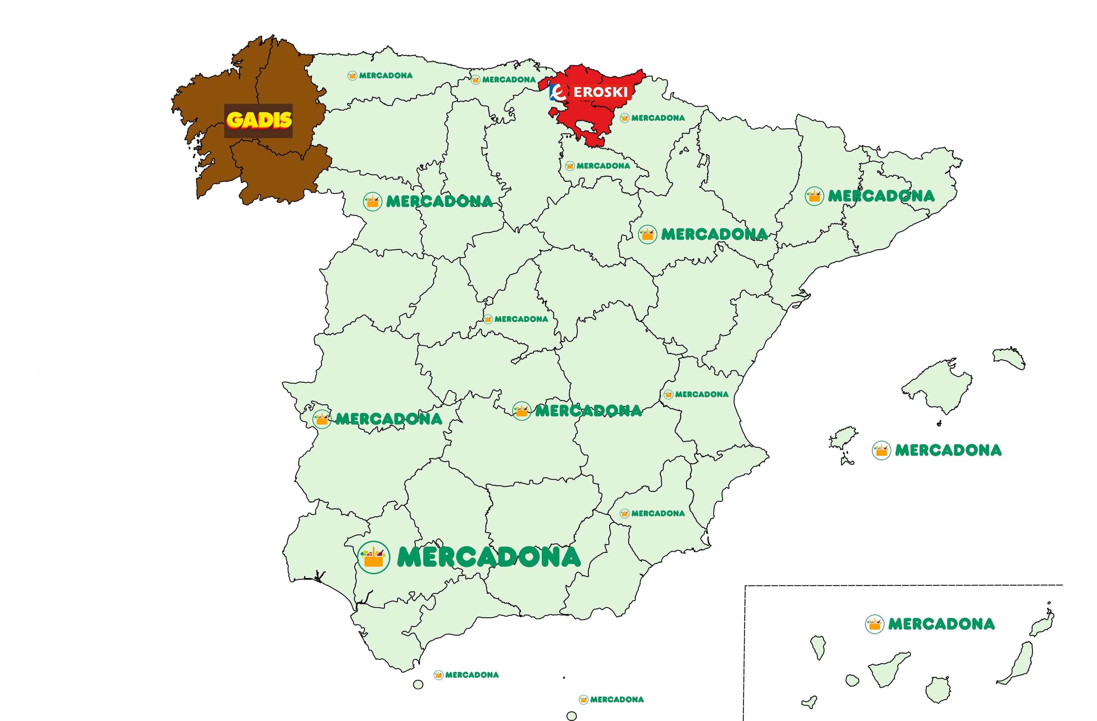 Mapa de las marcas favoritas de supermercados, por comunidades autónomas en España.