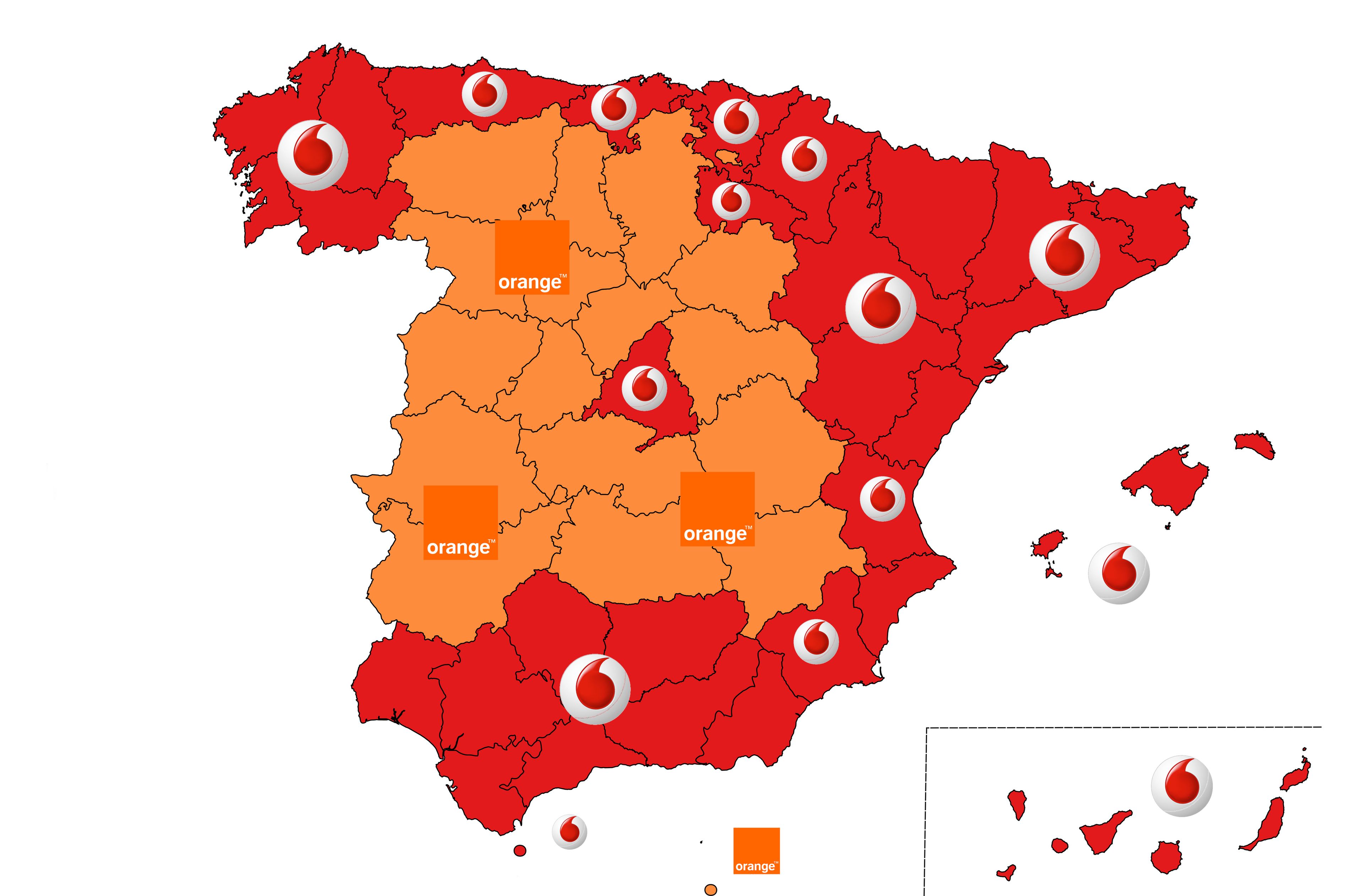 Mapa de las marcas favoritas de telecomunicaciones por comunidades autónomas, en España.