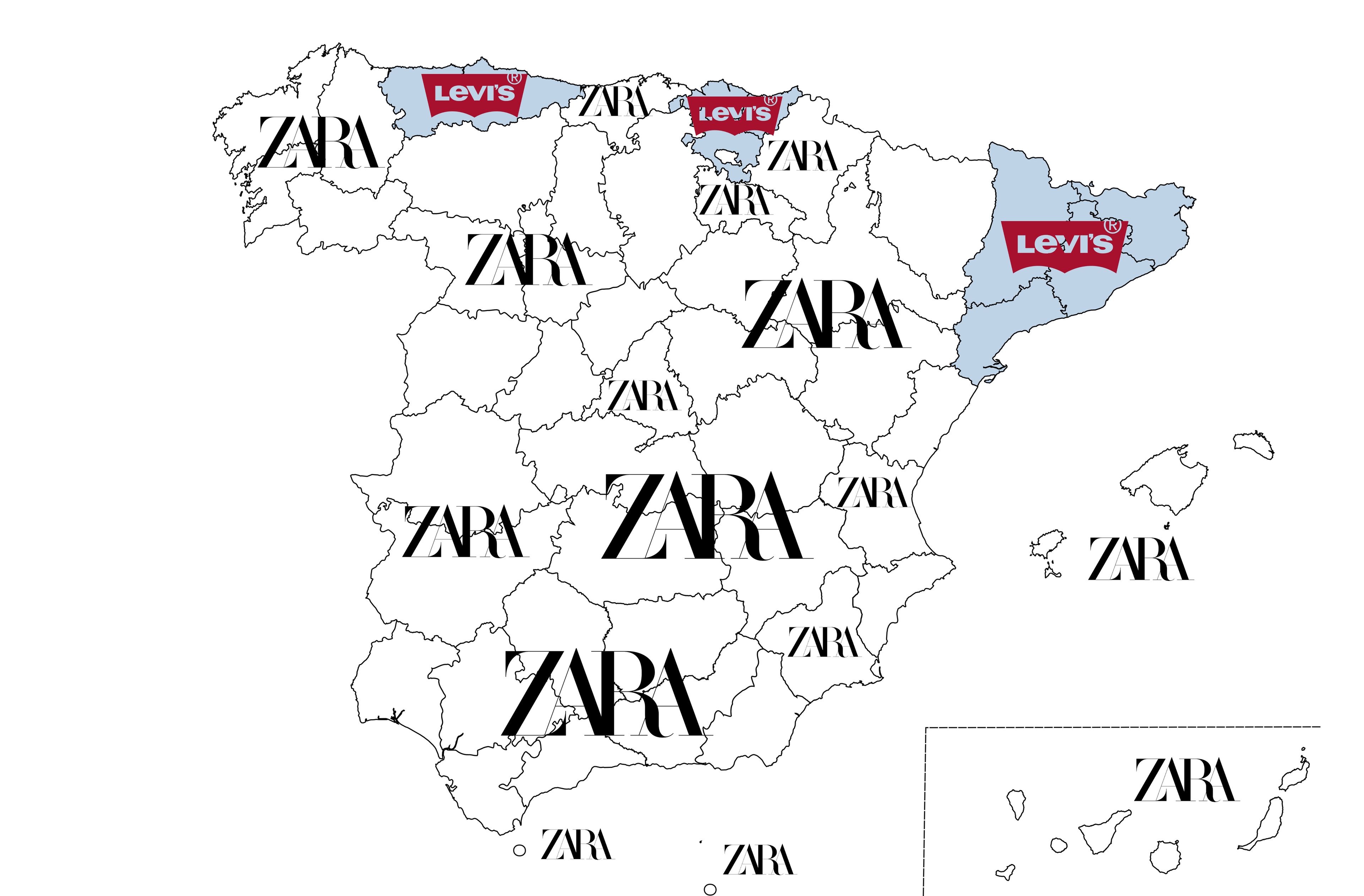 Mapa de las marcas de moda favoritas, por comunidades autónomas en España.