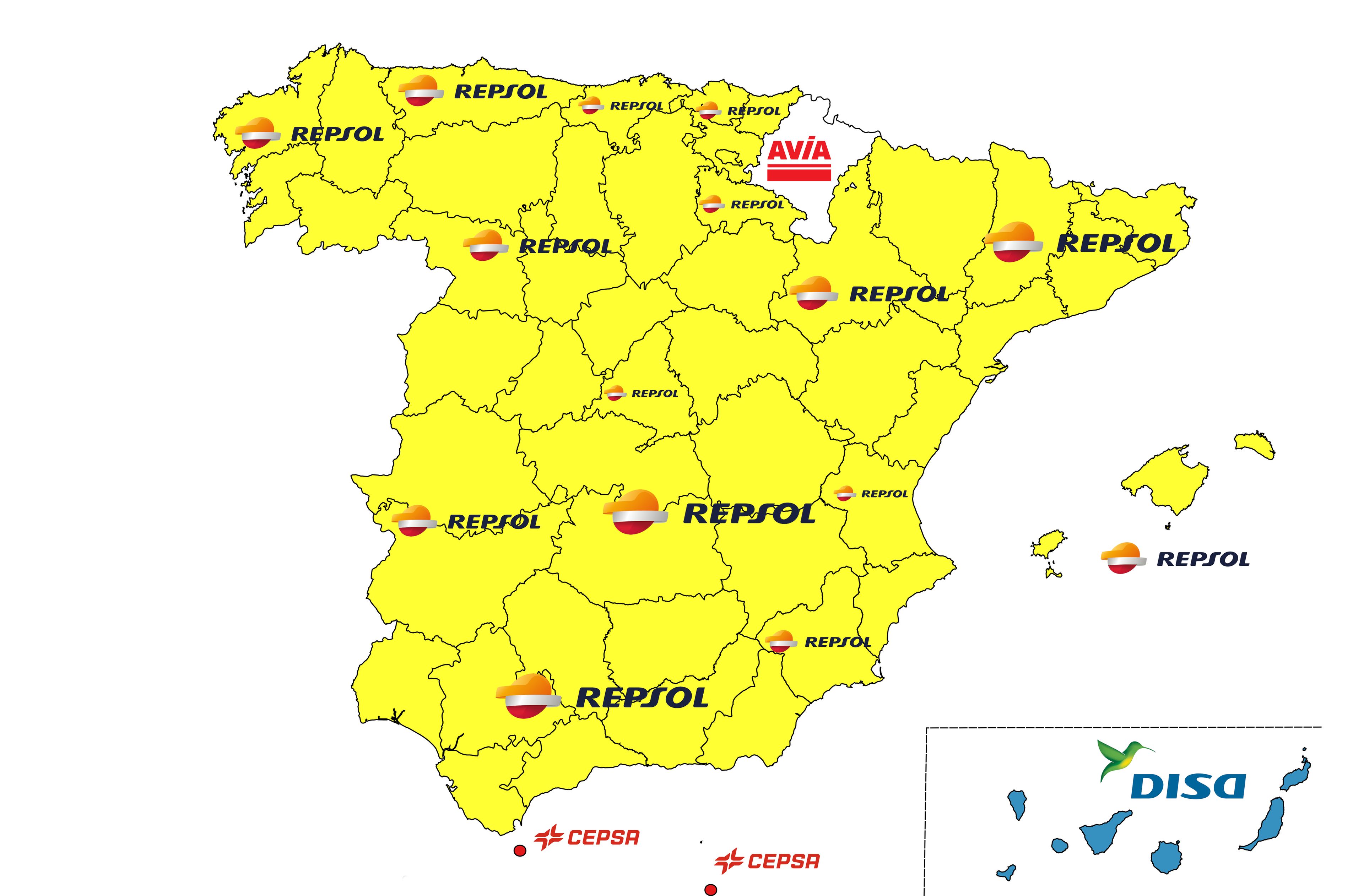 Mapa de las marcas con más número de gasolineras por comunidades autónomas en España.