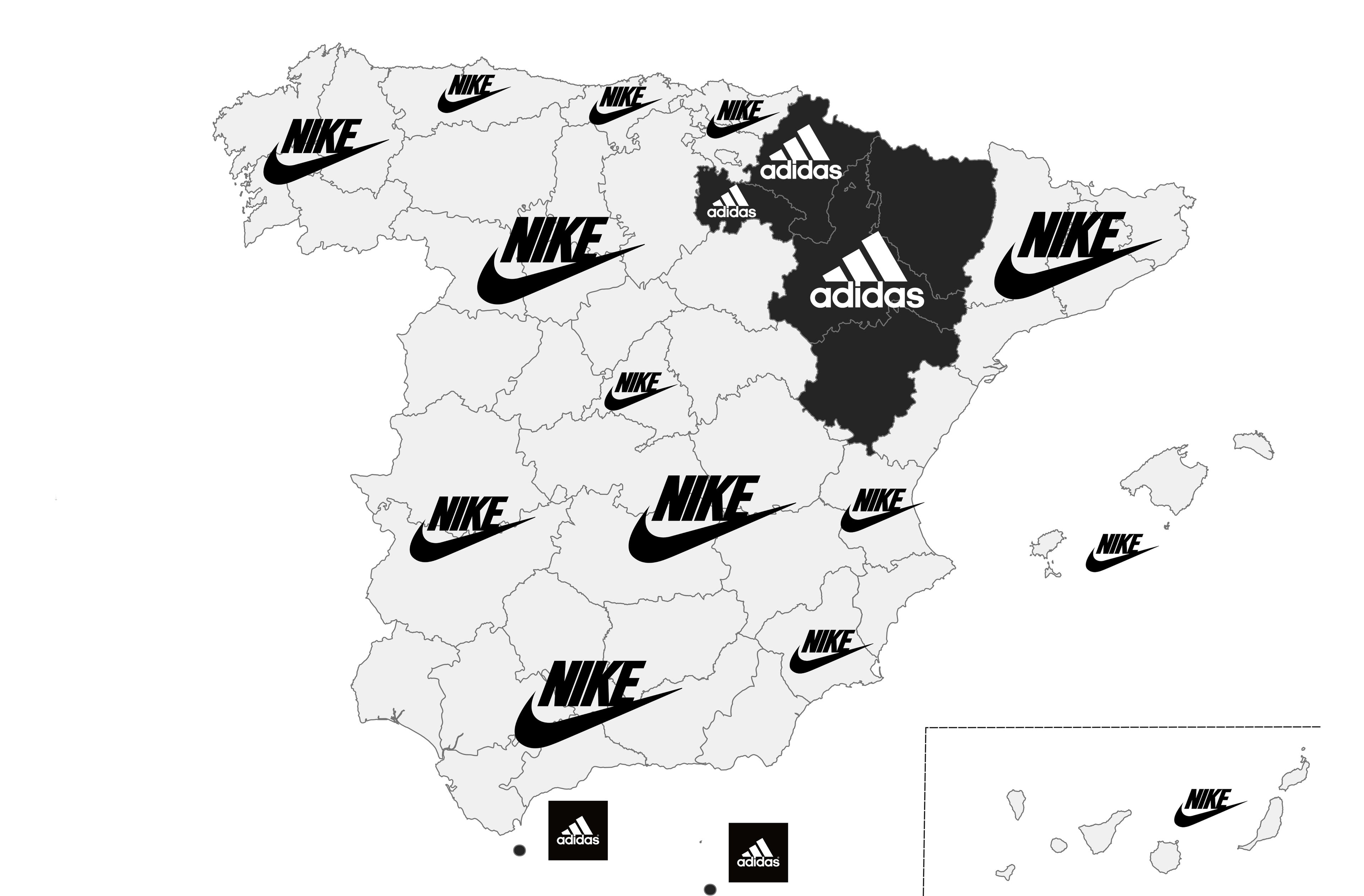 Mapa de las marcas de ropa deportivas favoritas, por comunidades autónomas en España.