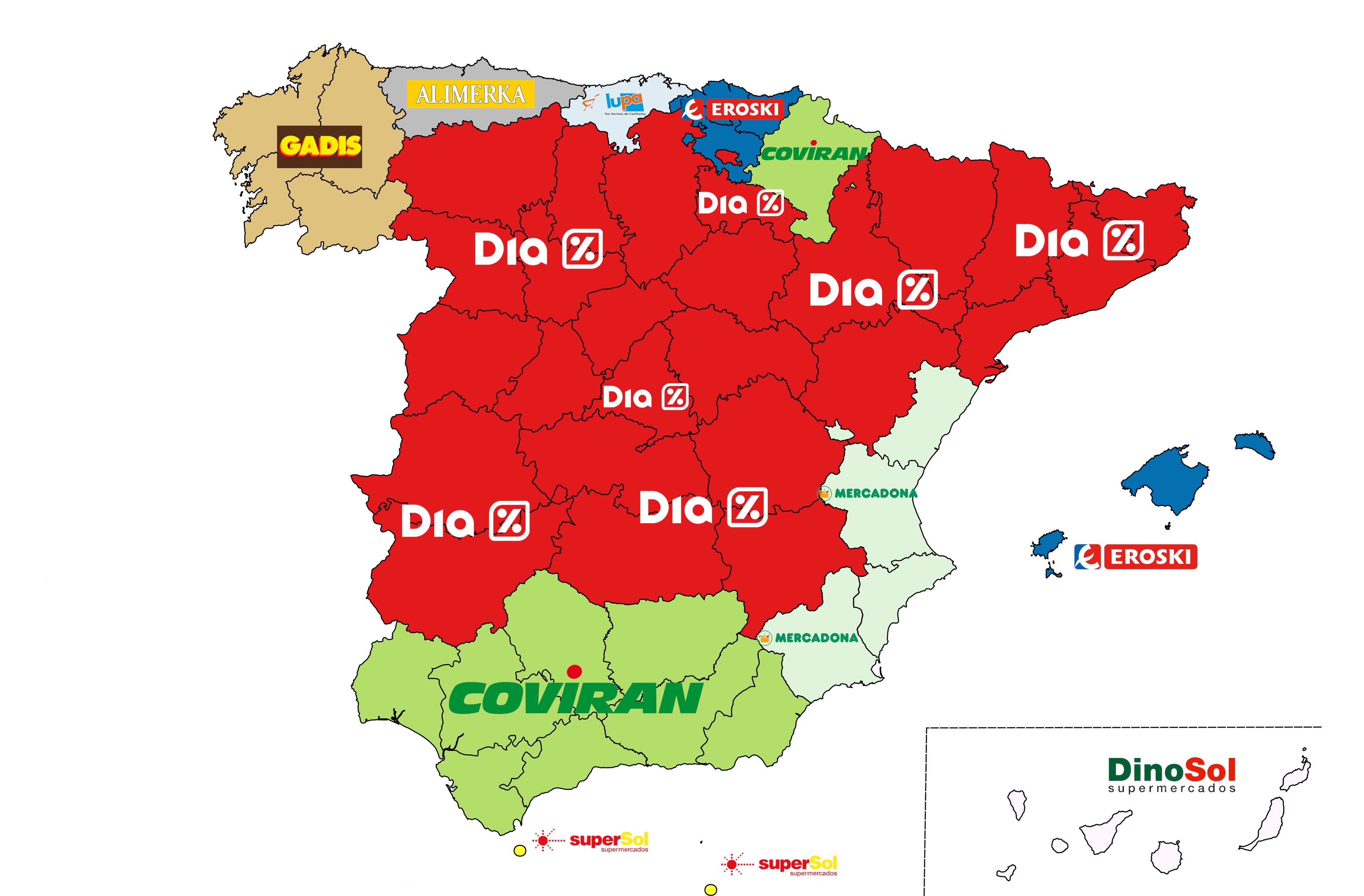 Mapa de los supermercados con más tiendas por comunidades autónomas en España.