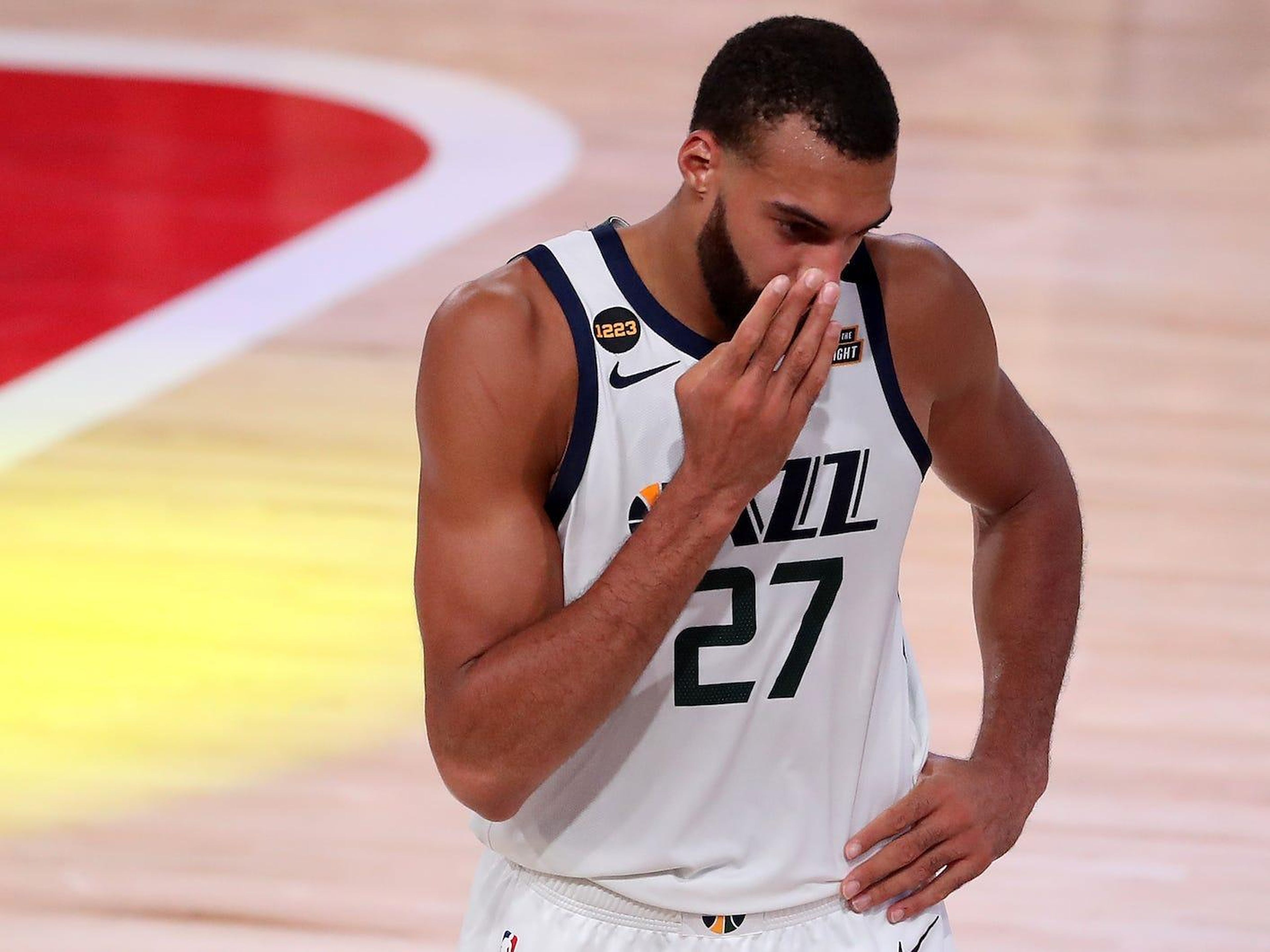 Rudy Gobert of the Utah Jazz reacts after their loss to the Denver Nuggets during the 2020 NBA Playoffs on September 1, 2020, in Lake Buena Vista, Florida. Mike Ehrmann/Getty Images