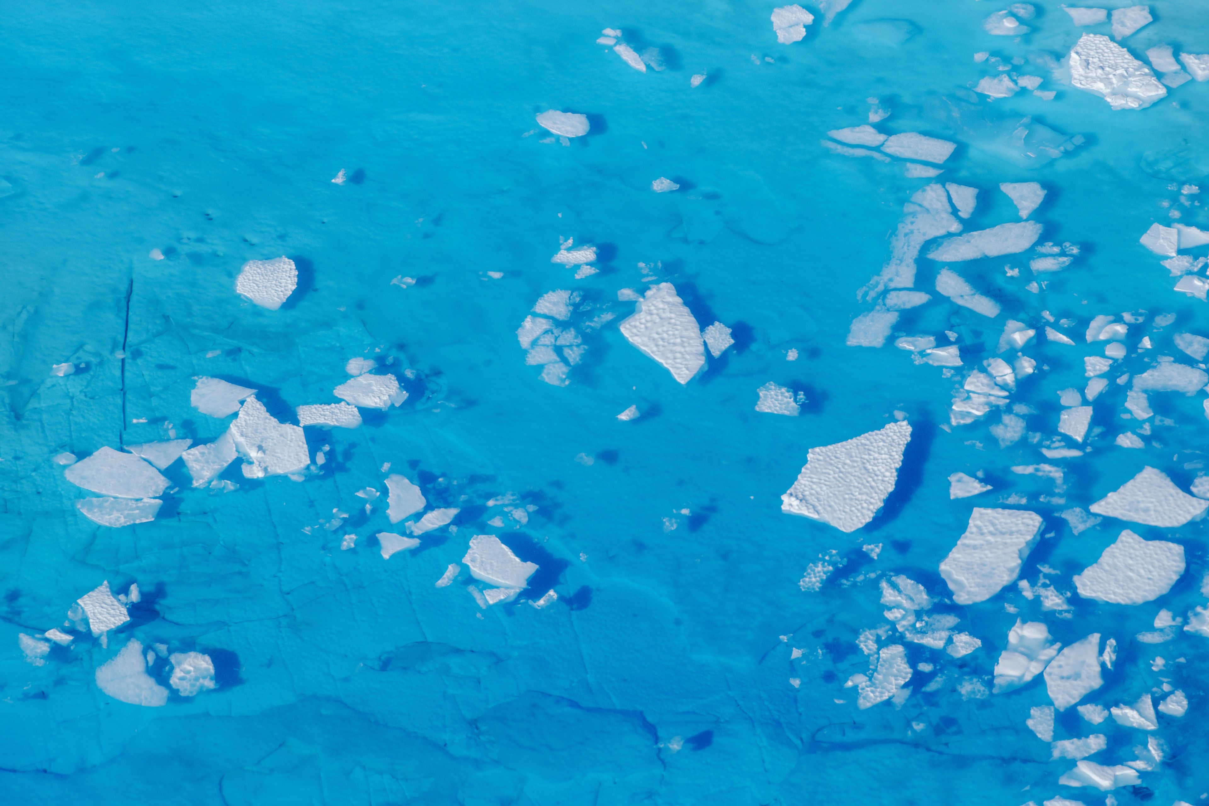Los trozos de hielo flotan en el agua del deshielo en la cima del glaciar Helheim cerca de Tasiilaq, Groenlandia.