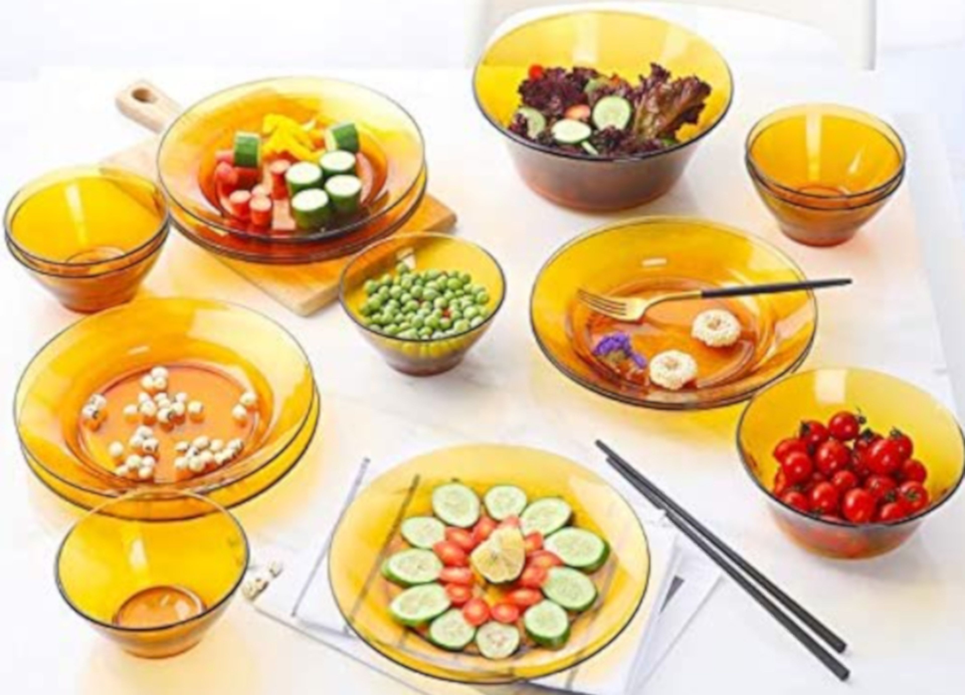 Lys - Set de 12 platos en vidrio color Ámbar