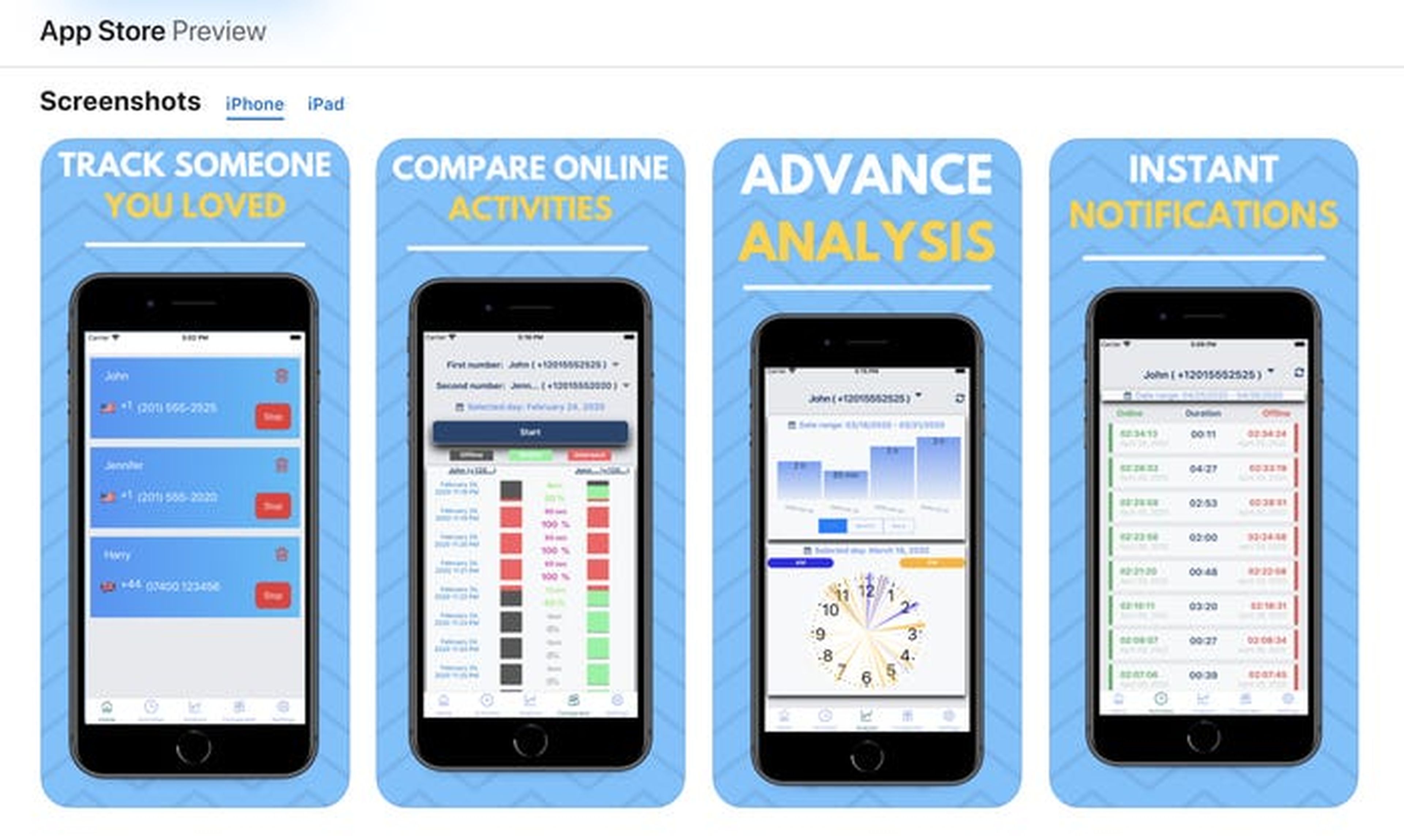 Una captura de pantalla de la App Store de Apple de una aplicación de iPhone que rastrea la actividad de los usuarios en WhatsApp y ayuda a los usuarios a descubrir con quién están hablando las personas en la aplicación