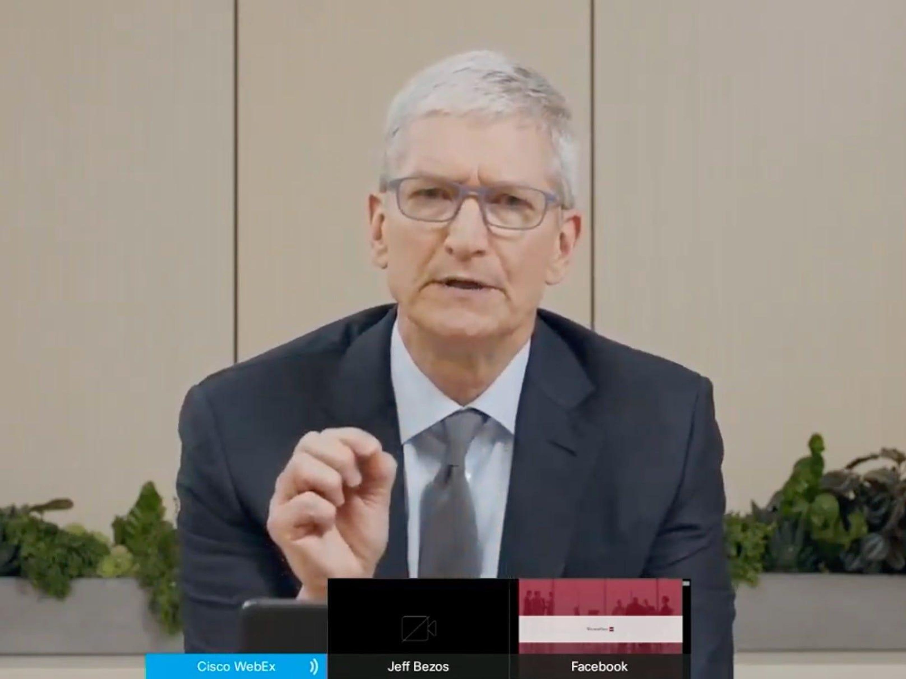 Apple CEO Tim Cook testifying remotely in front of Congress in July.