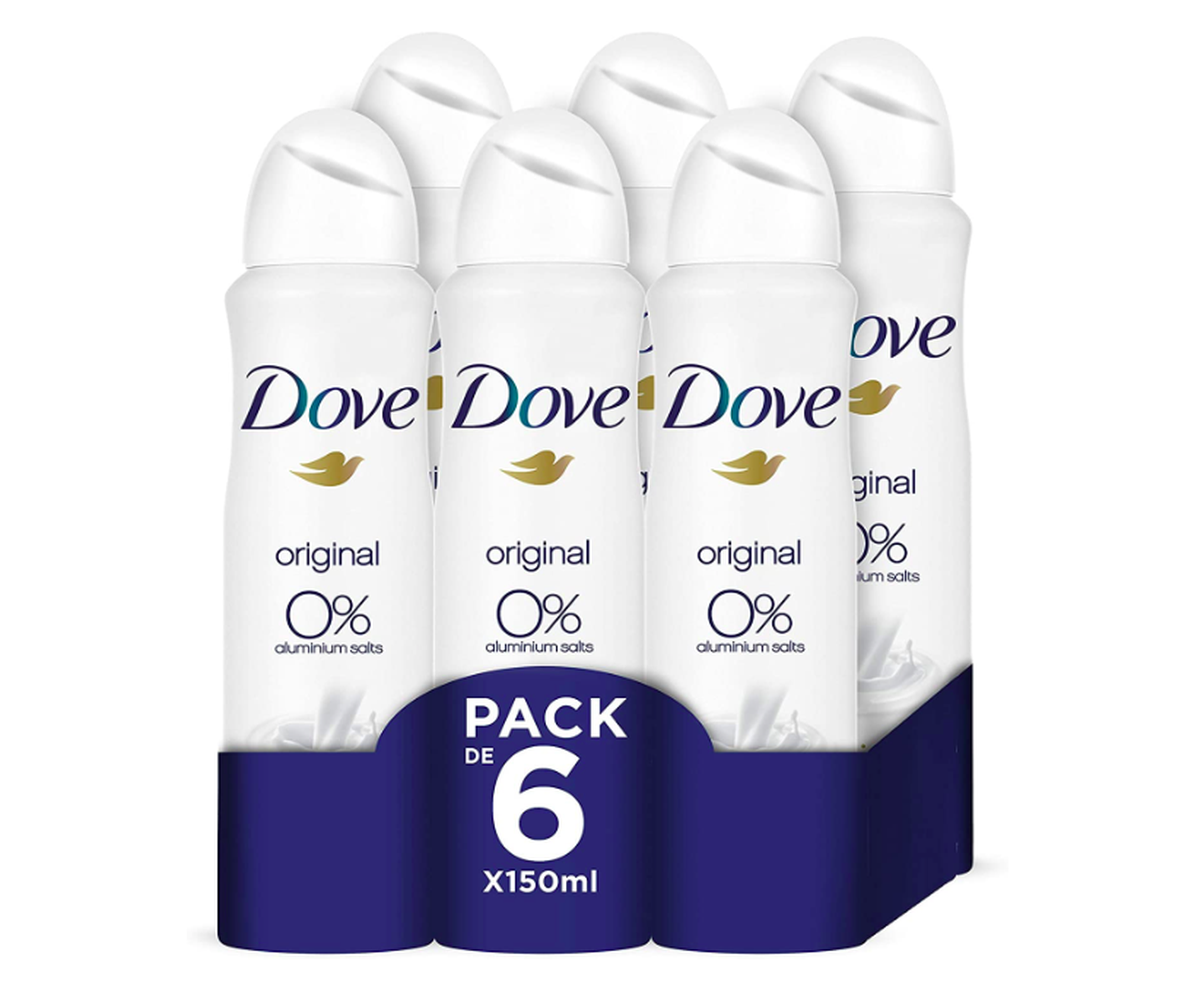 Dove Original Desodorante, 0% aluminio - pack de 6 x 150 ml - total: 900 ml.