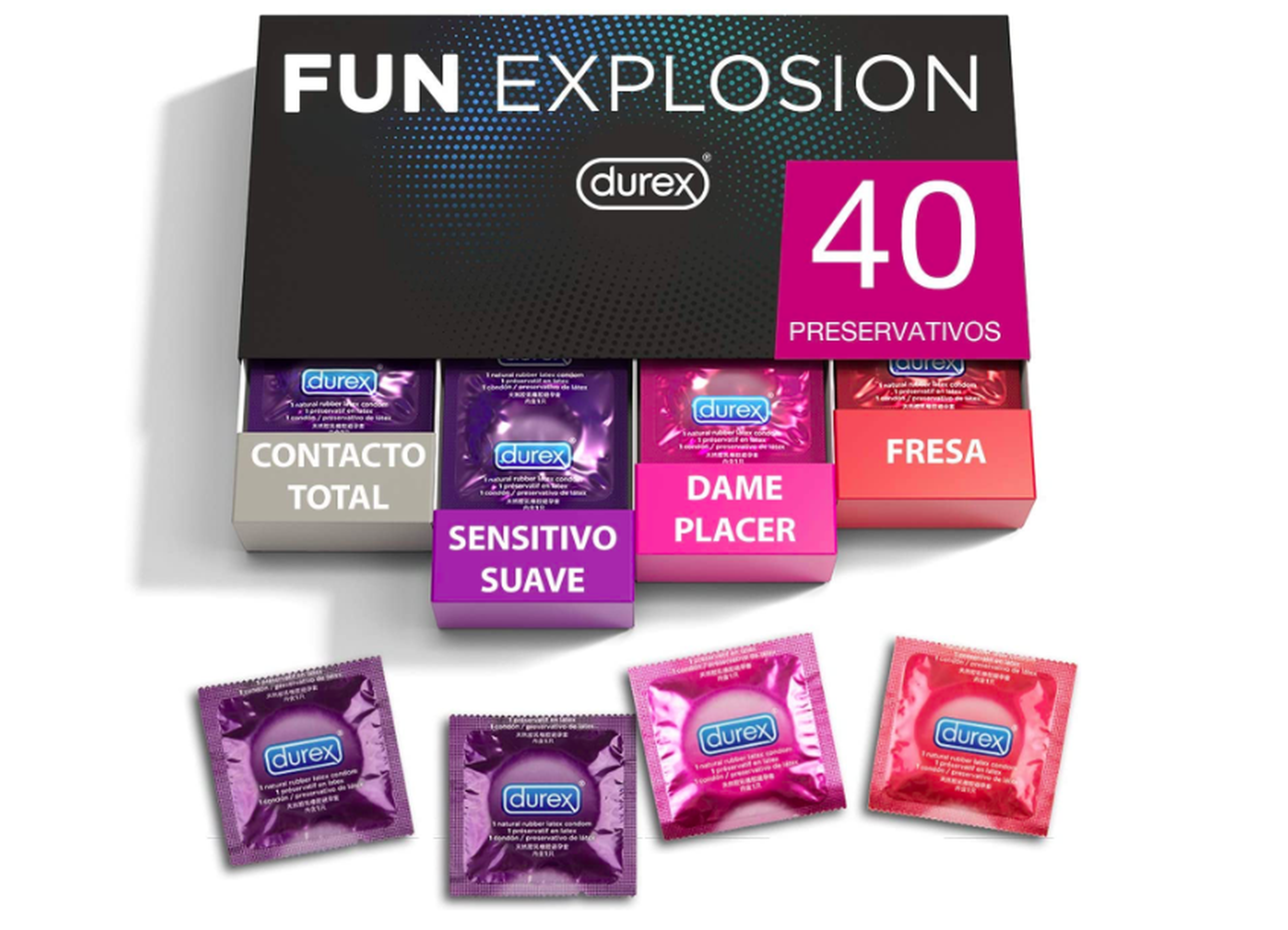 Durex Preservativos Fun Explosion mixtos Sabor Fresa, Dame Placer, Sensitivo Suave y Contacto Total, 40 condones, 52 y 56 mm.