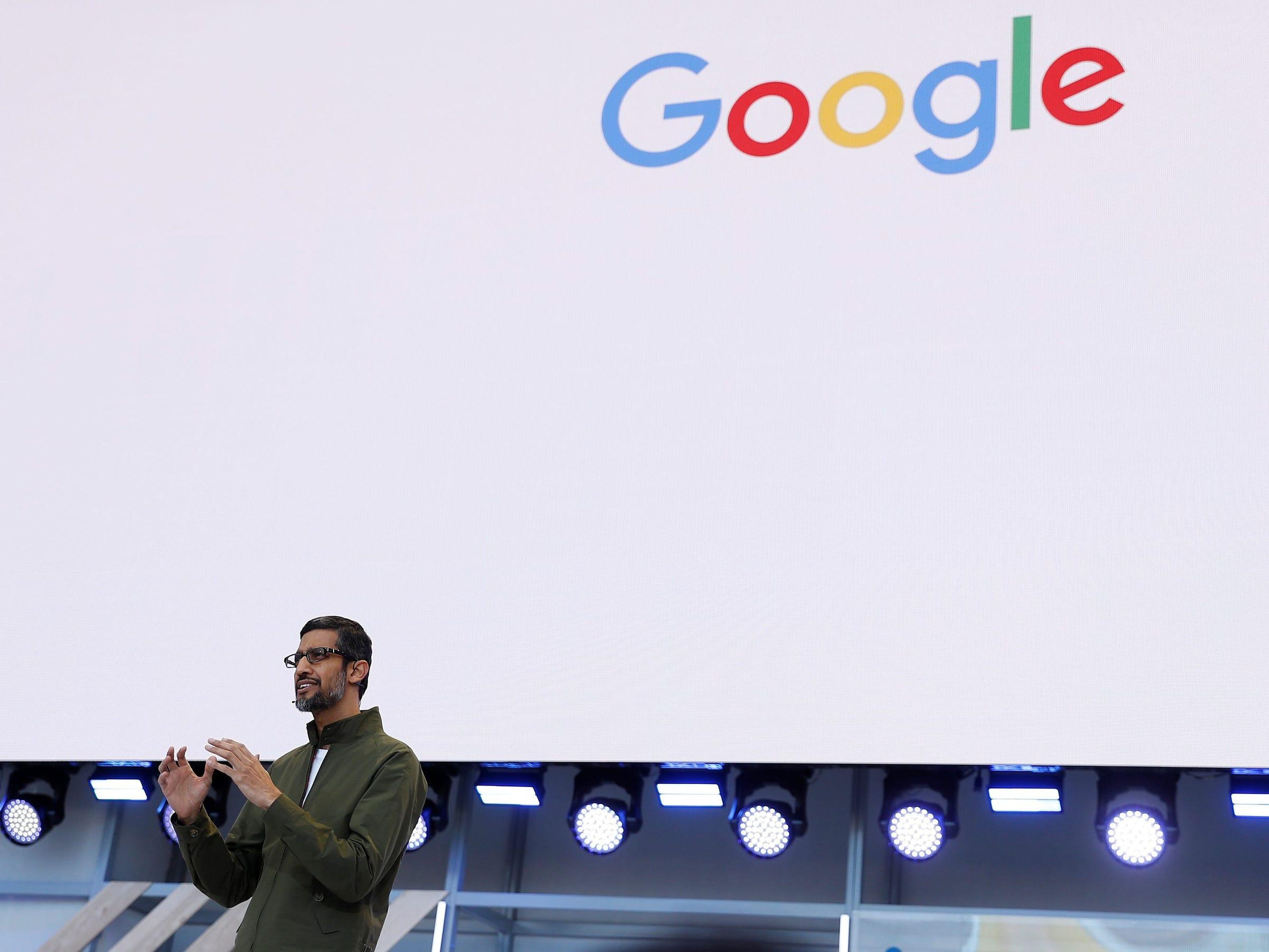 Google CEO Sundar Pichai speaks on stage during the annual Google I/O developers conference in Mountain View, California, in 2018.