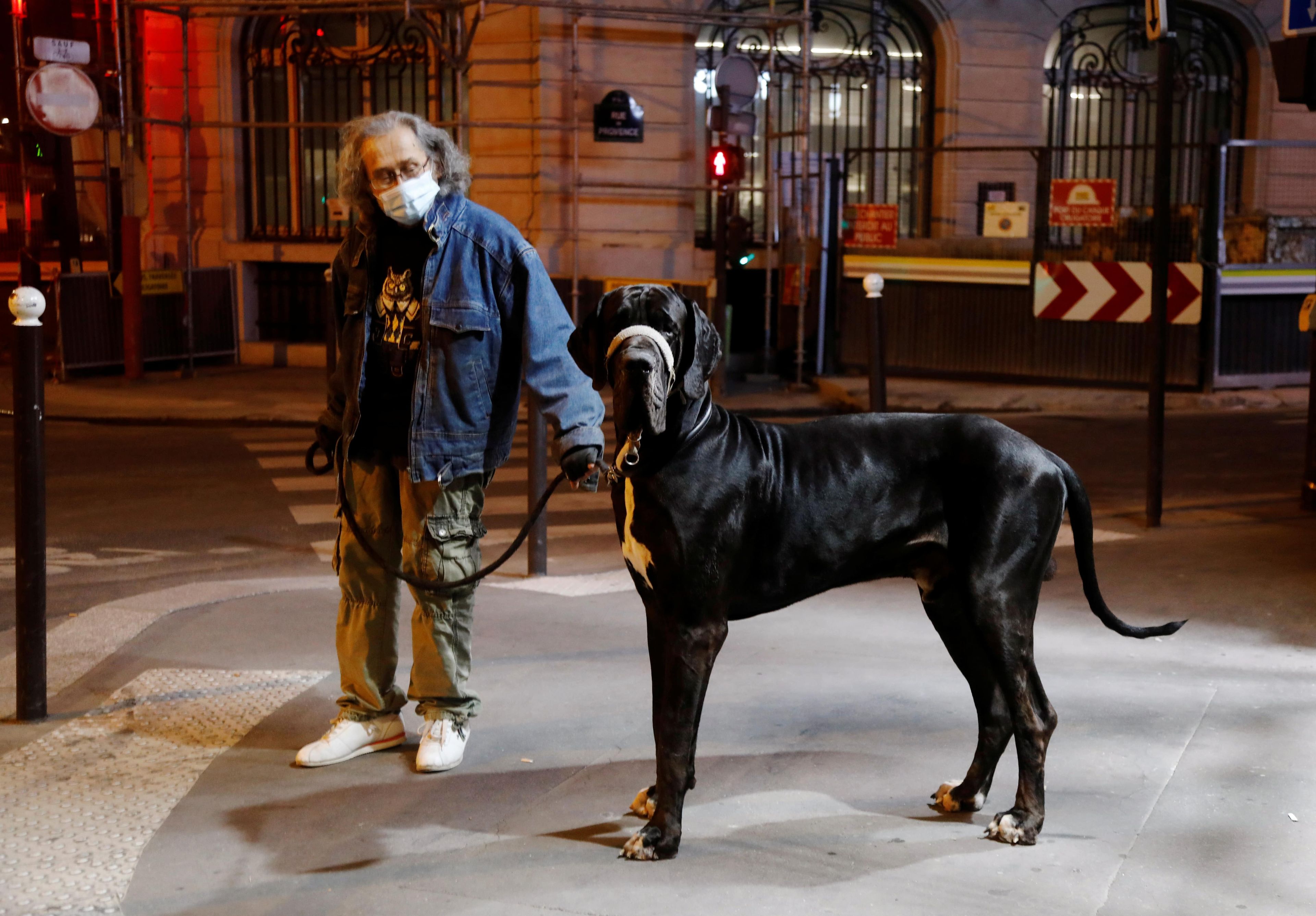 Hombre paseando a su perro por la noche