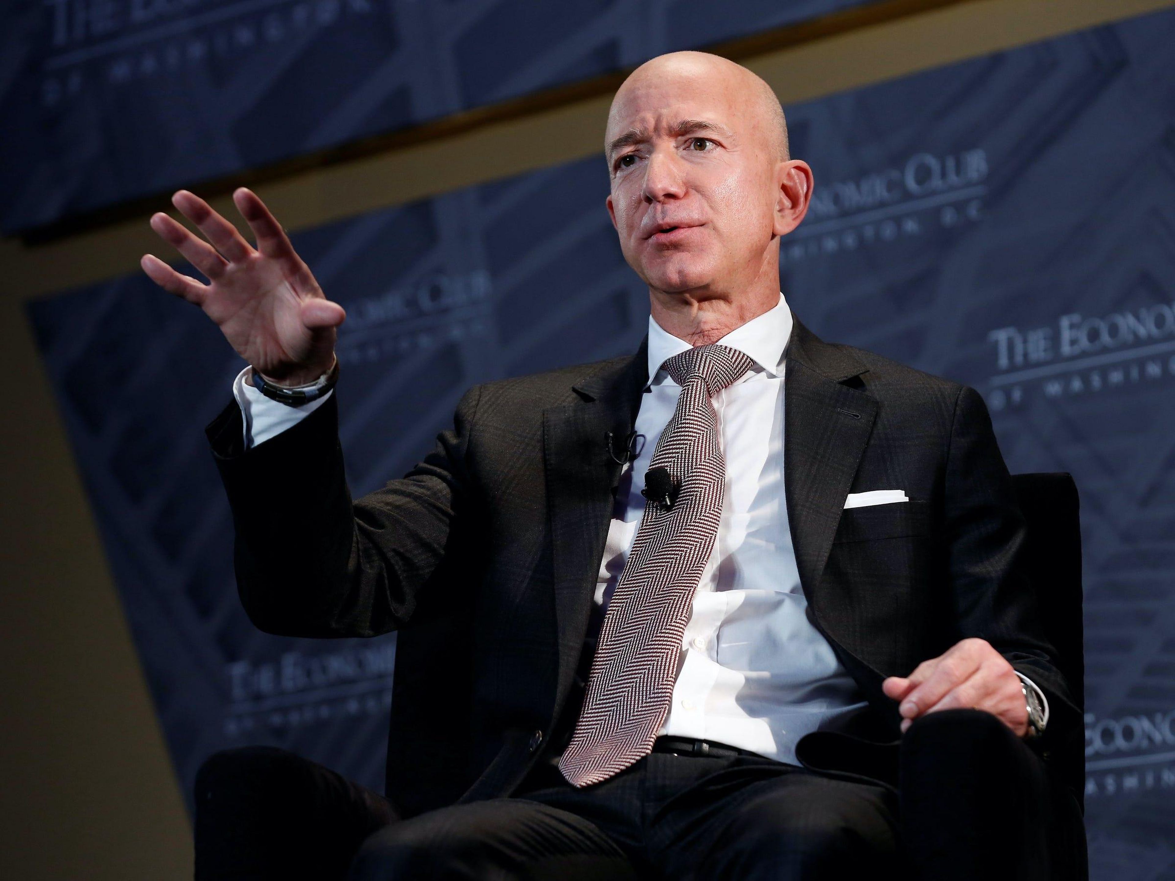 Amazon's CEO Jeff Bezos speaks at an event in Washington.