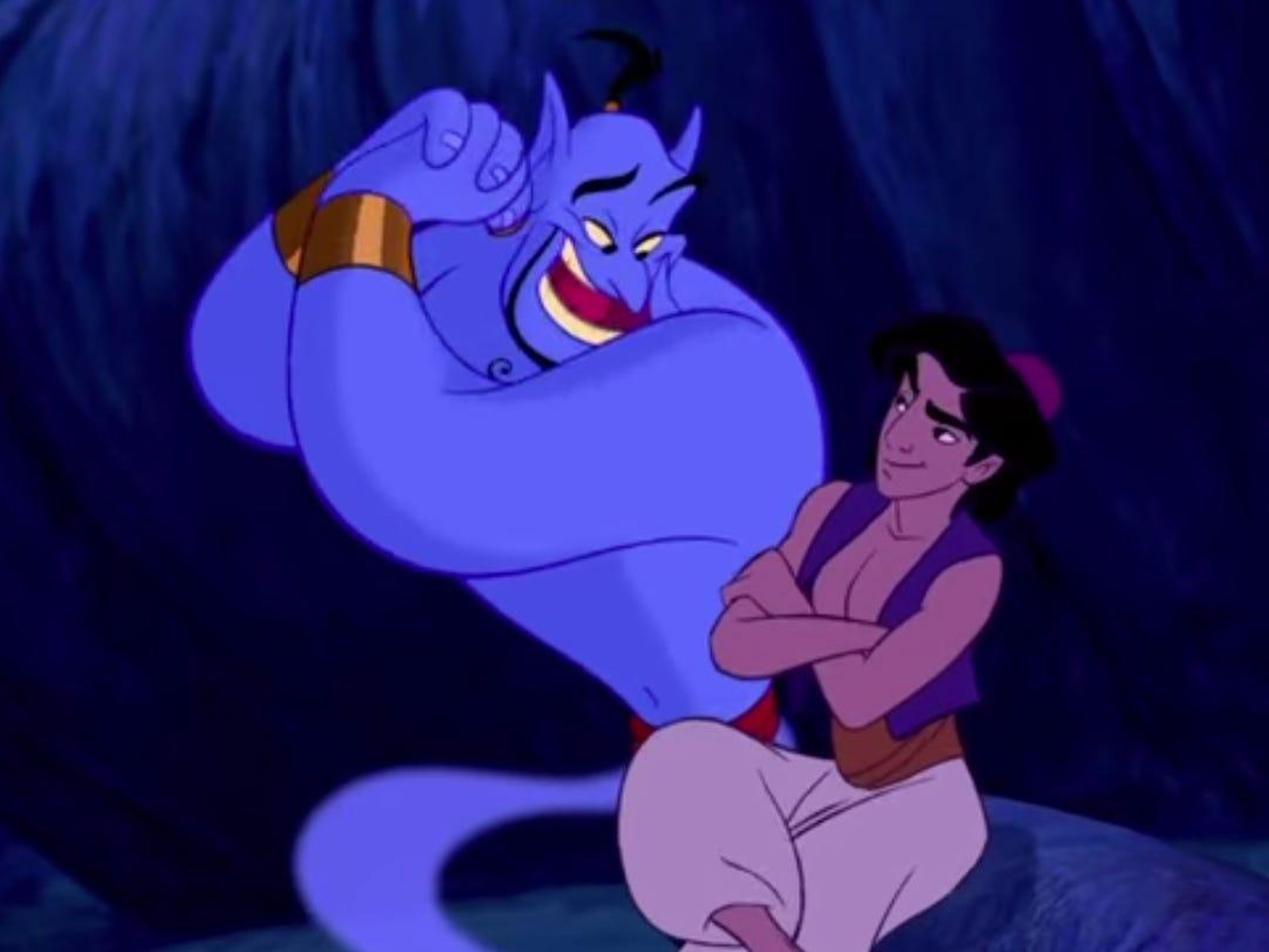 El genio y Aladdin en la Cueva de las Maravillas.