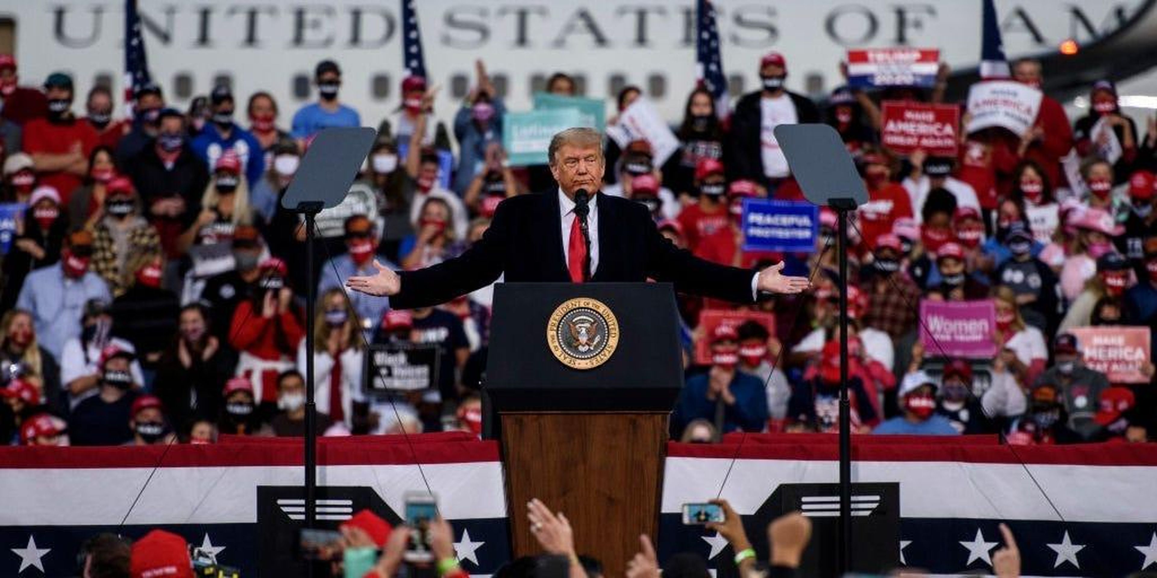 trump fay FAYETTEVILLE, NC - SEPTEMBER 19: President Donald Trump addresses a crowd at the Fayetteville Regional Airport on September 19, 2020 in Fayetteville, North Carolina. Thousands of people joined to hear the president during the Make America Great
