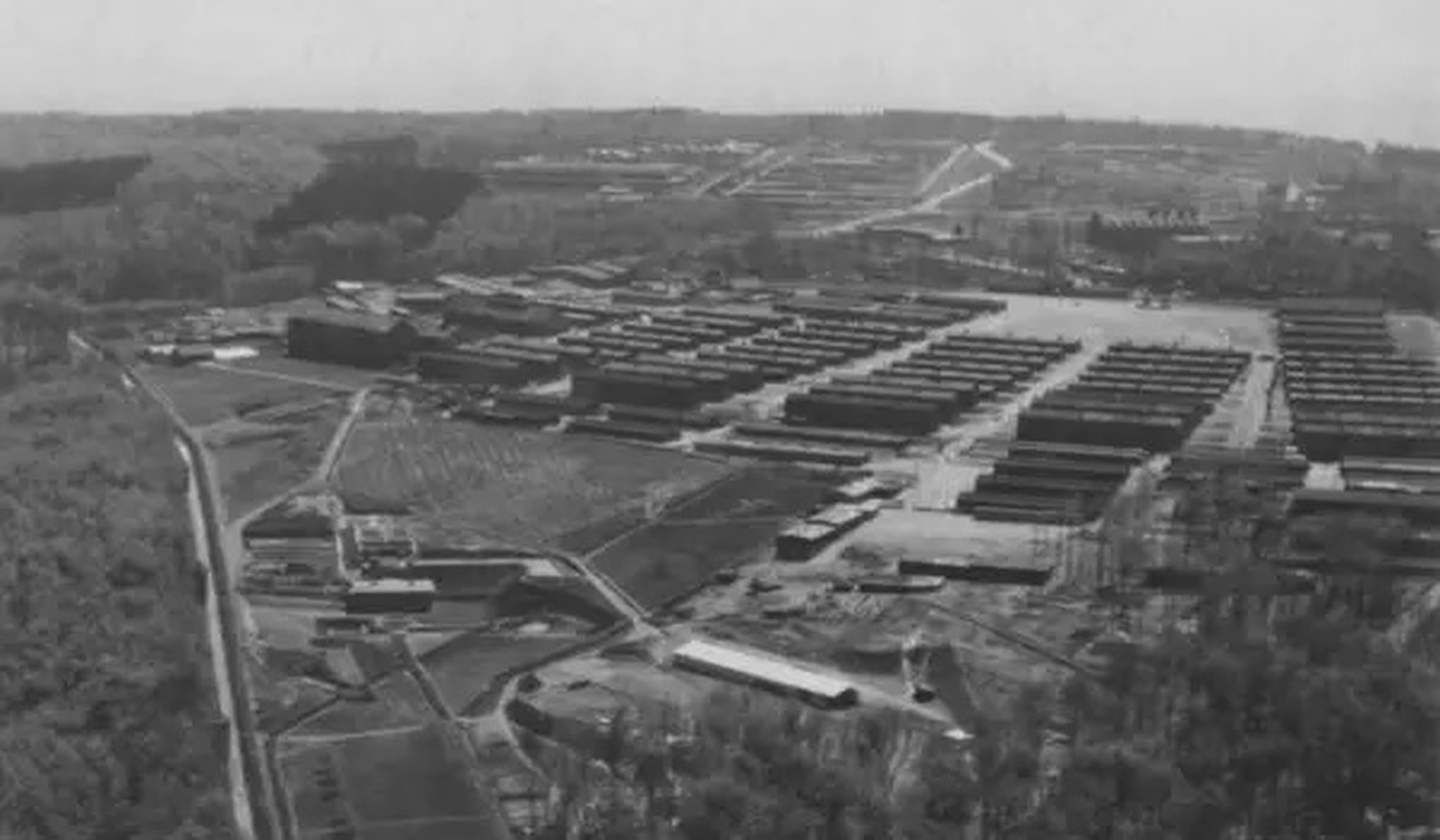 An aerial image of Buchenwald concentration camp seen in 1945.