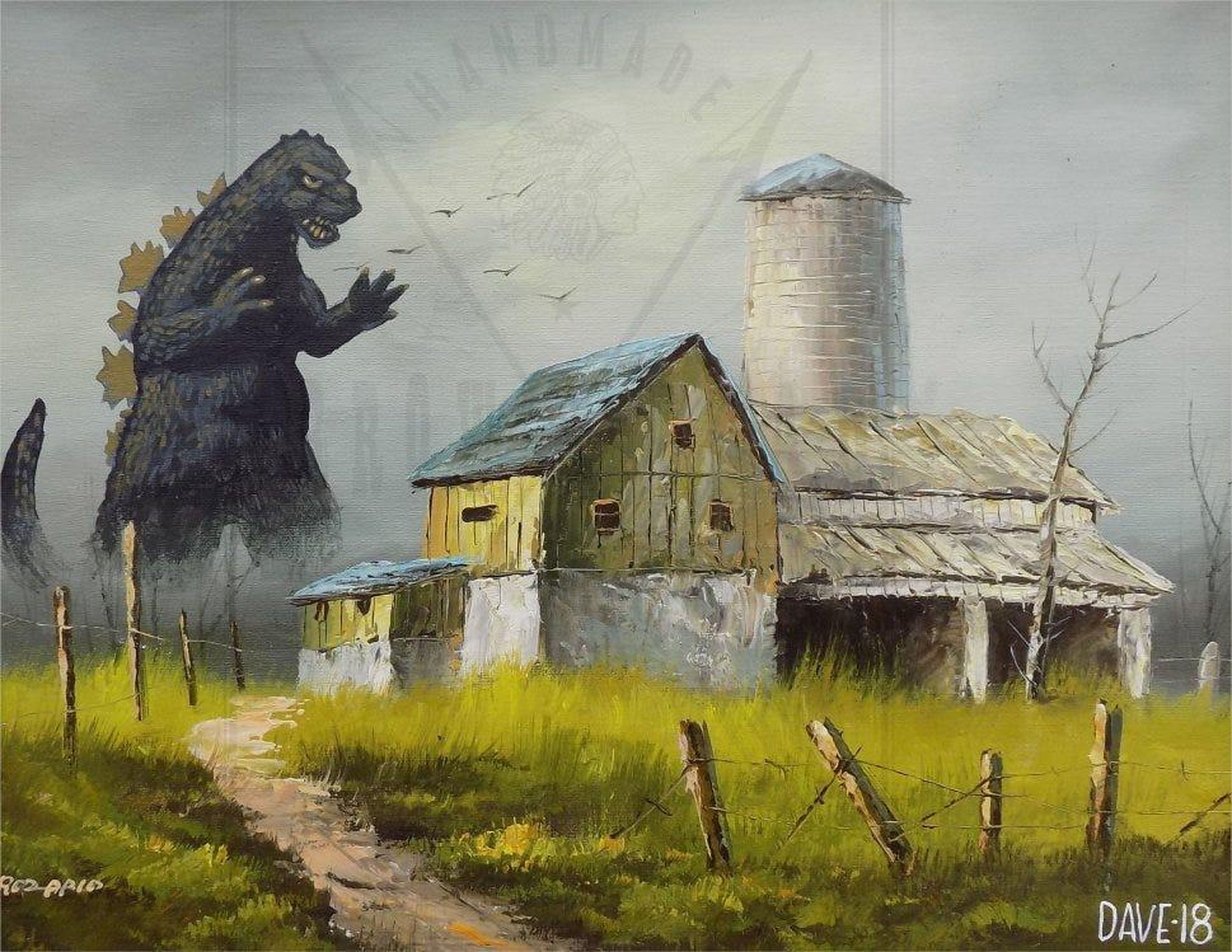 Godzilla de pie cerca de un granero.