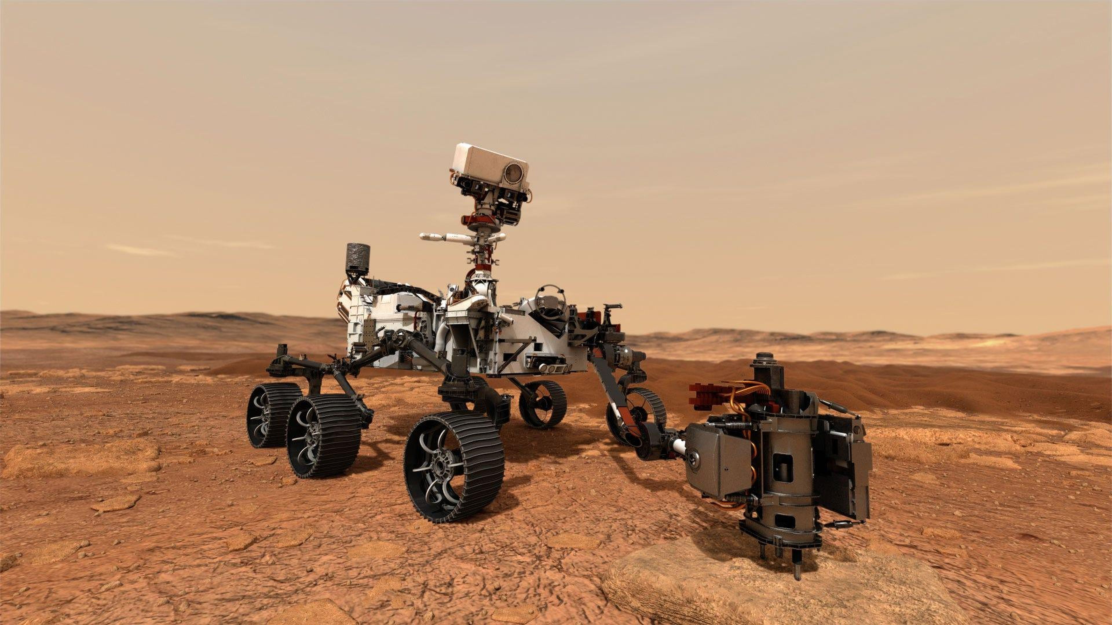 Una ilustración del rover Mars Perseverance de la NASA que usa su taladro para extraer una muestra de roca en Marte.