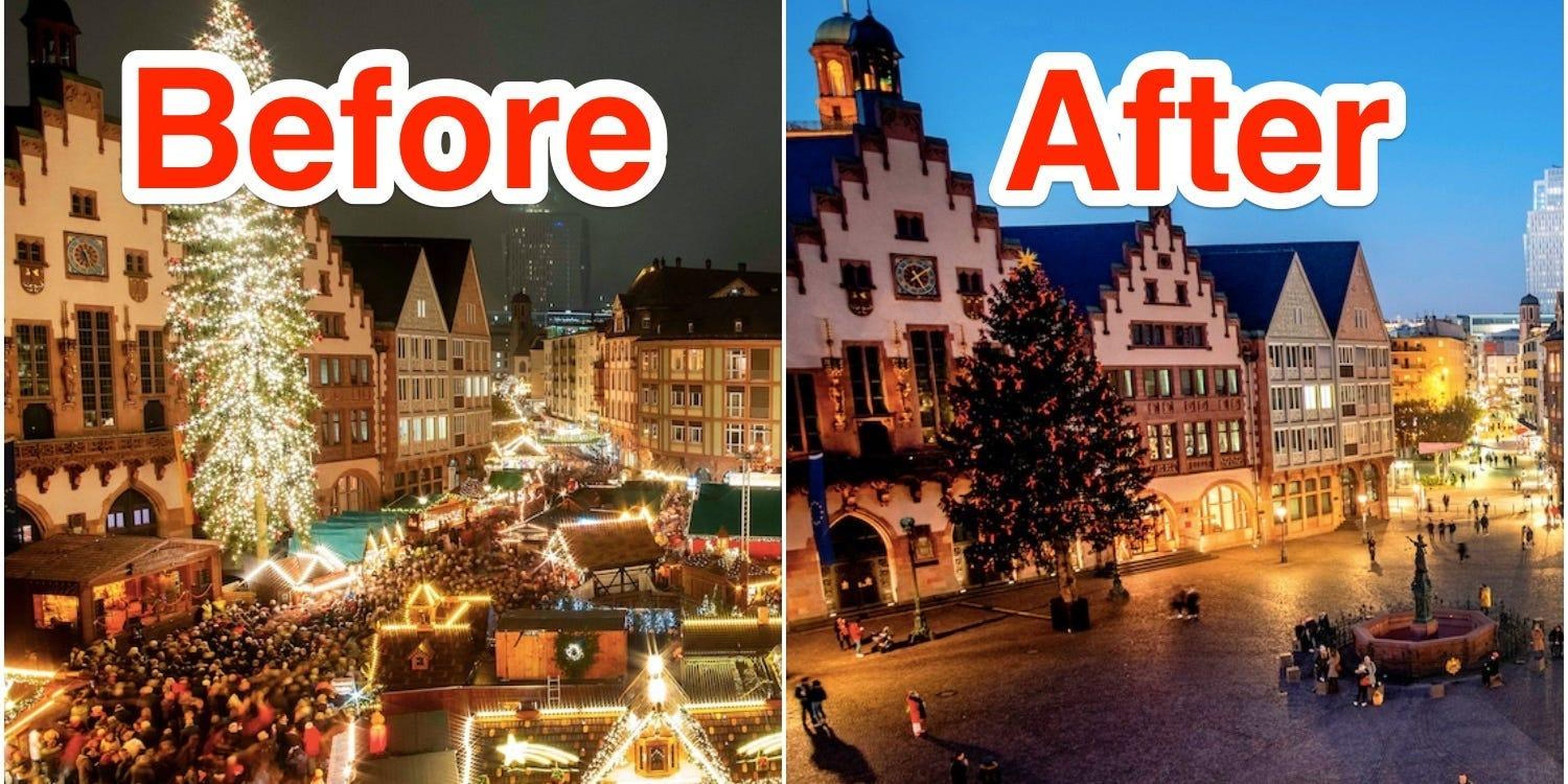 Plaza Roemerberg de Fráncfort, Alemania, antes y después de la pandemia de coronavirus.