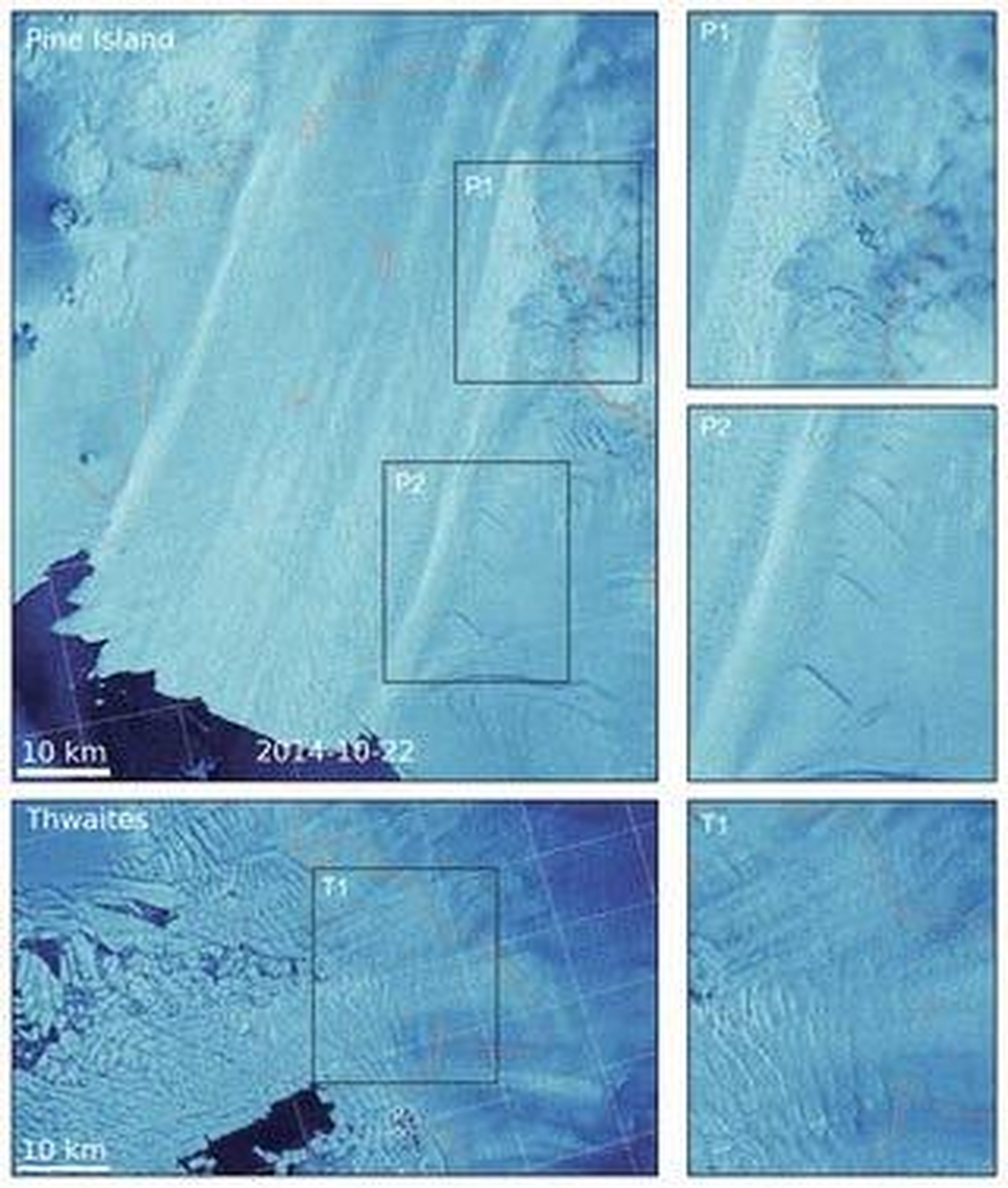 Las imágenes de satélite muestran la extensión del daño a los glaciares Thwaites y Pine Island, y el desgarro de sus zonas de cizallamiento.