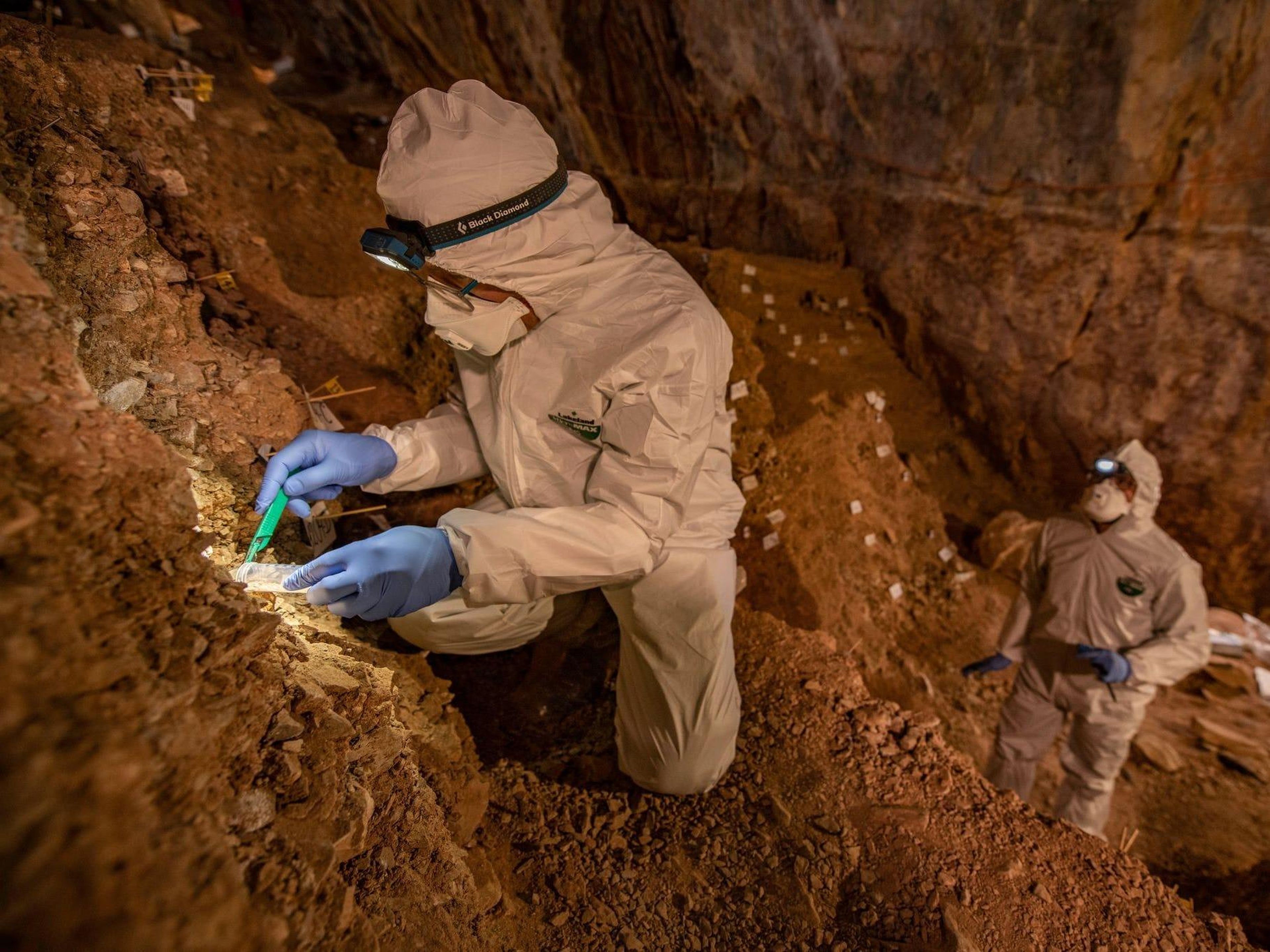 Mikkel Winther Pedersen toma muestras de sedimentos de la cueva Chiquihuite en México, en busca de ADN humano temprano.