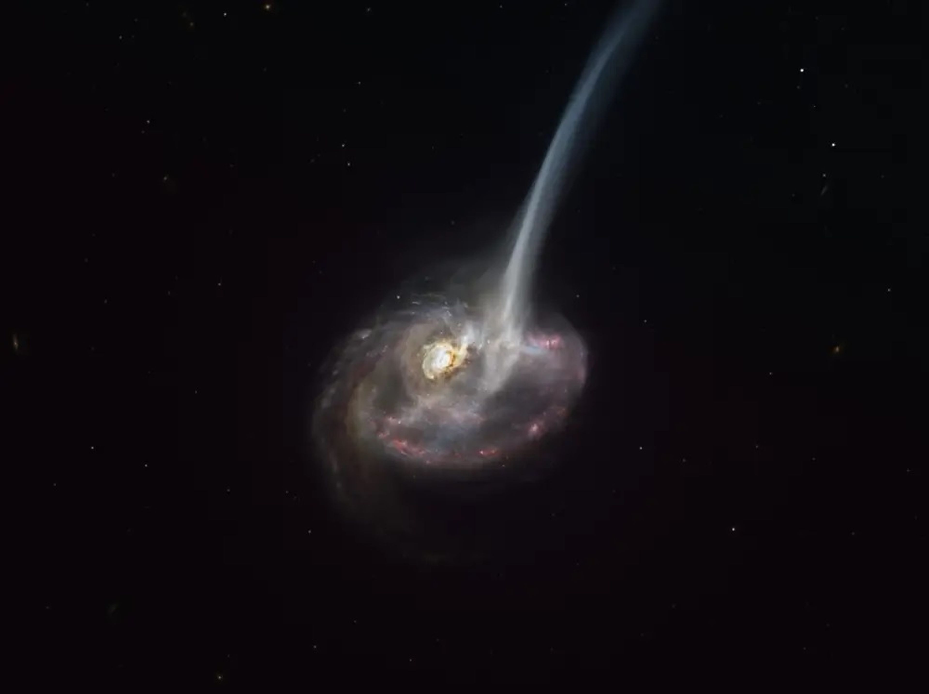 An artist's impression shows galaxy ID2299 losing a tail of gas after being formed in a galactic collision