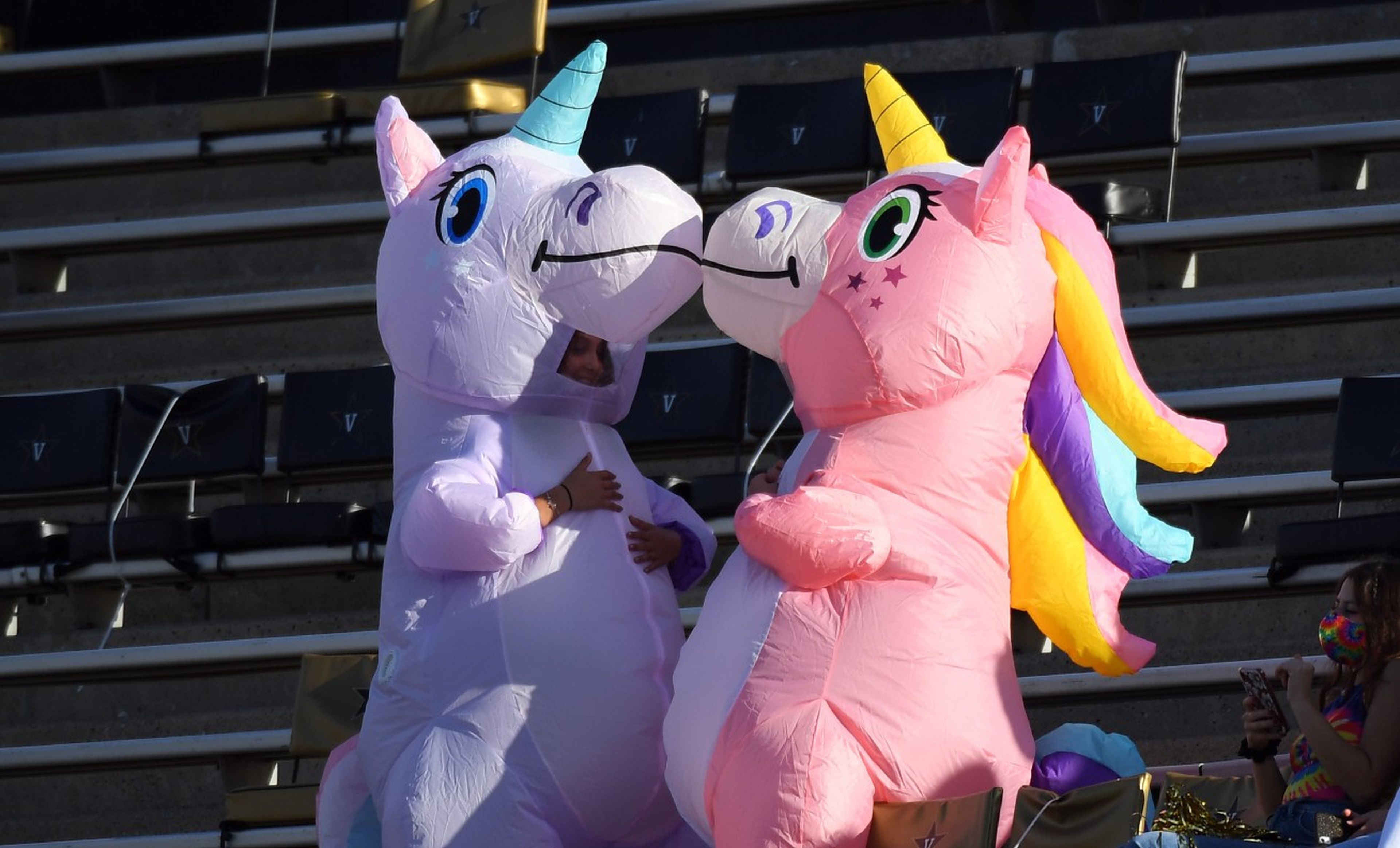 Dos personas vestidas de unicornios en las gradas de un estadio deportivo de Mississippi.