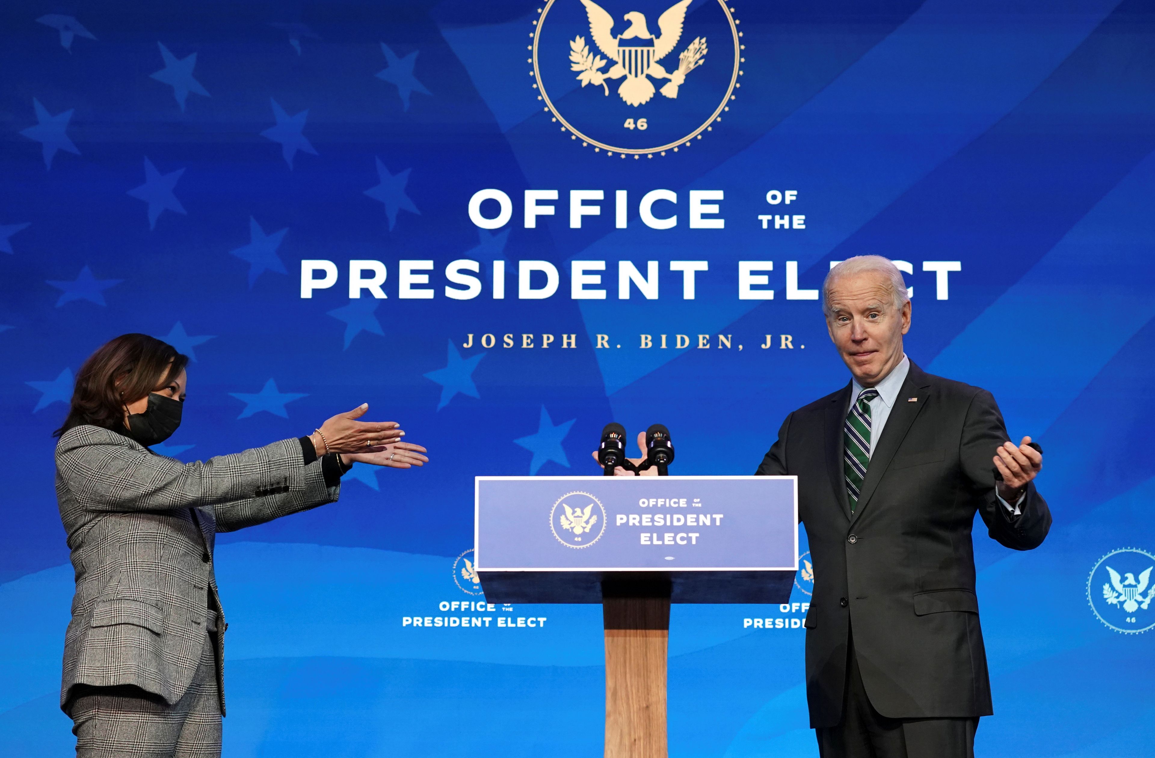 Kamala Harris y Joe Biden en un acto en Wilmington, Delaware (Reuters)
