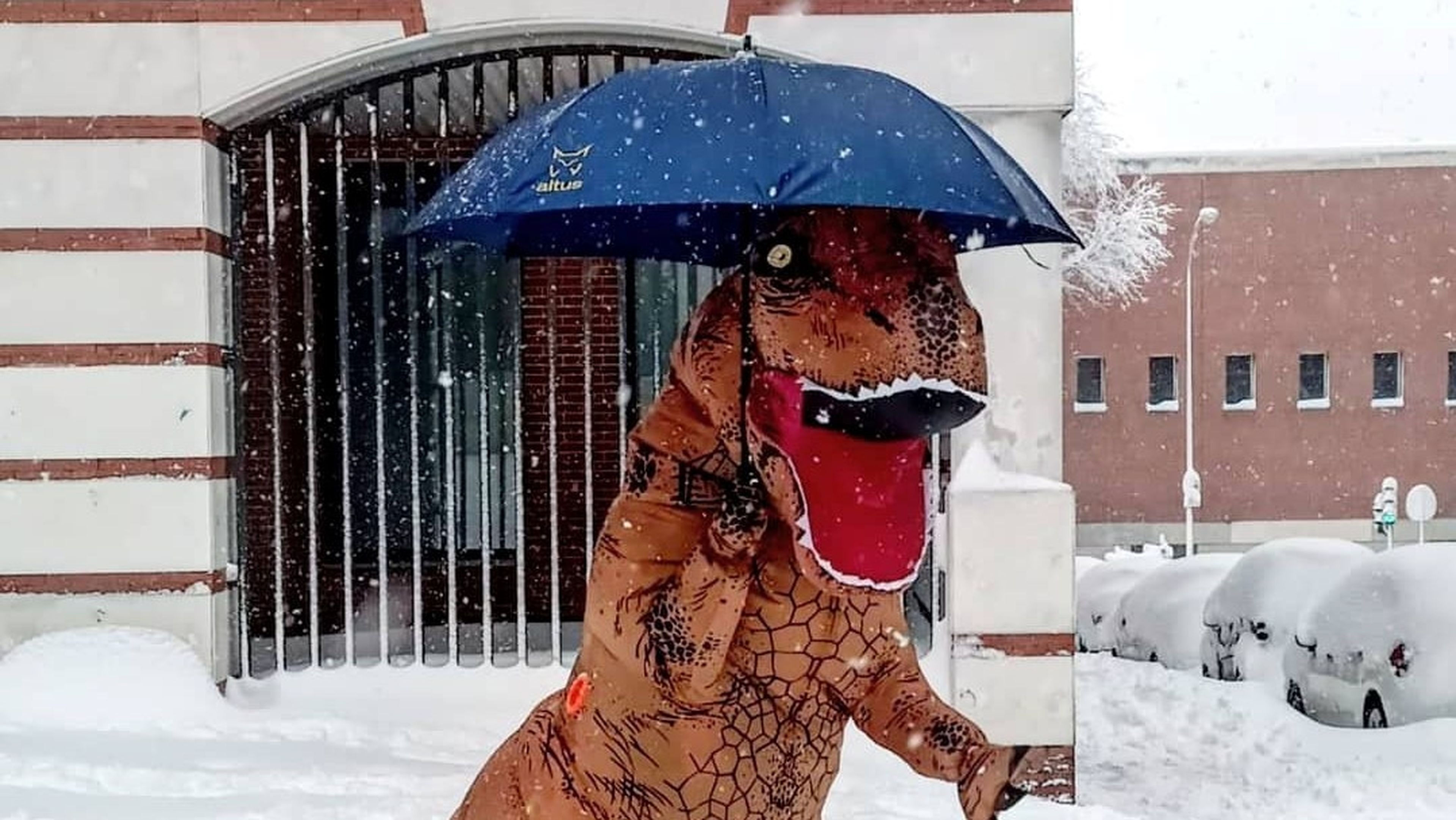T-Rex se protege de la nieve que cae en Madrid.